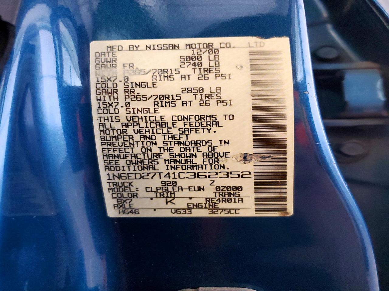 2001 Nissan Frontier Xe Blue vin: 1N6ED27T41C362352