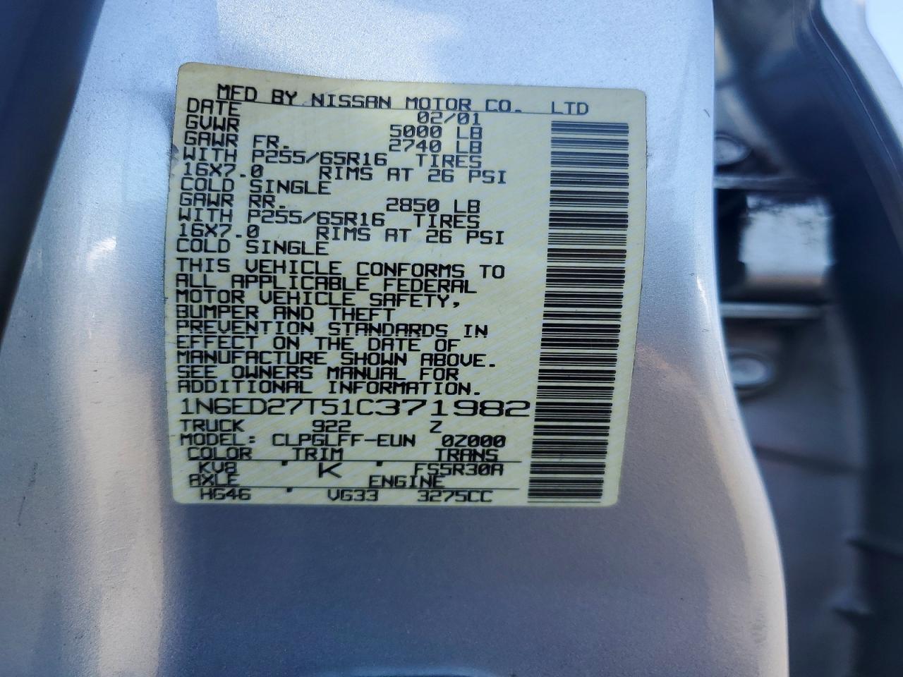 2001 Nissan Frontier Crew Cab Xe/crew Cab Se Silver vin: 1N6ED27T51C371982