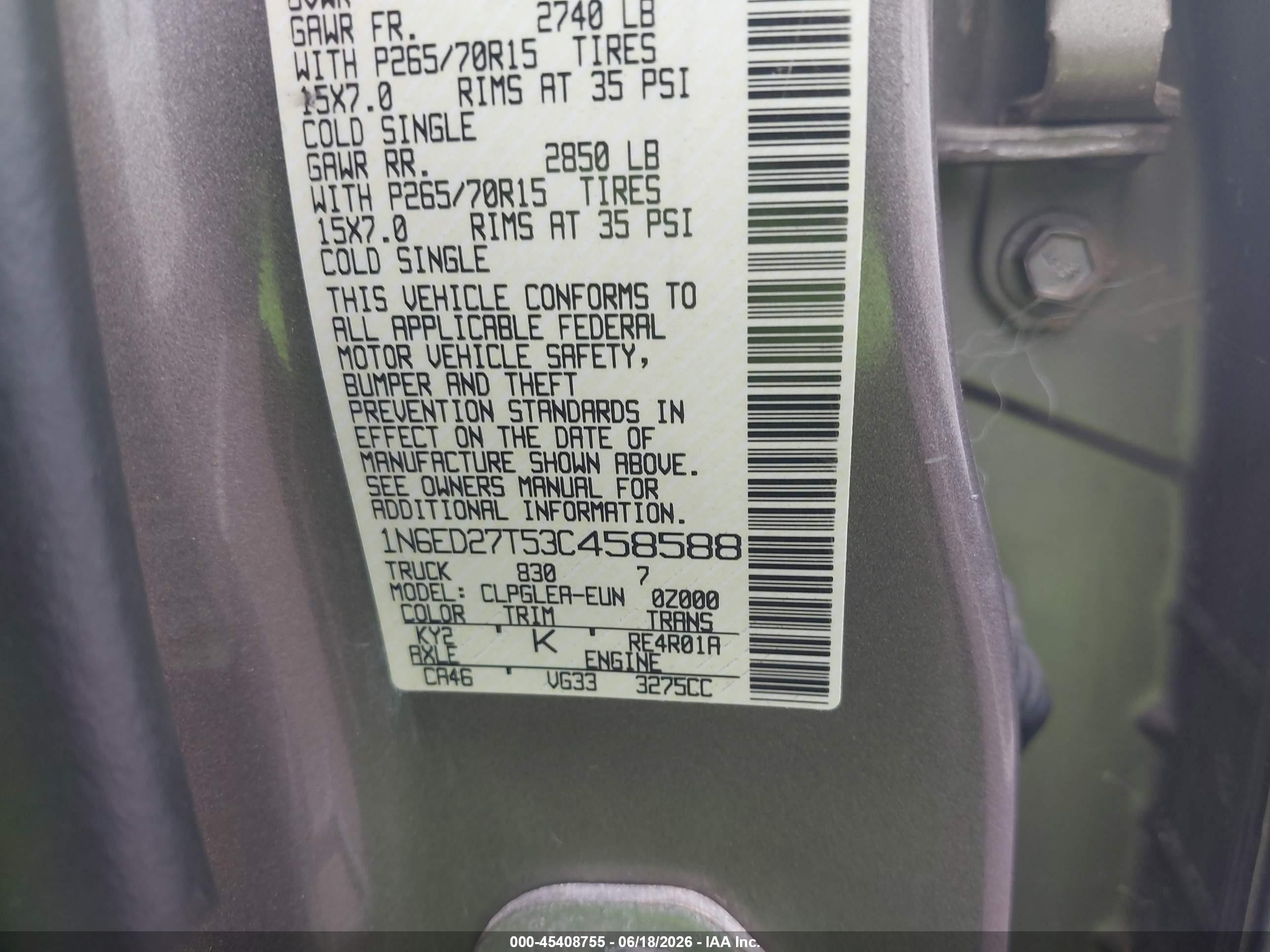 2003 Nissan Frontier Xe-v6 Green vin: 1N6ED27T53C458588