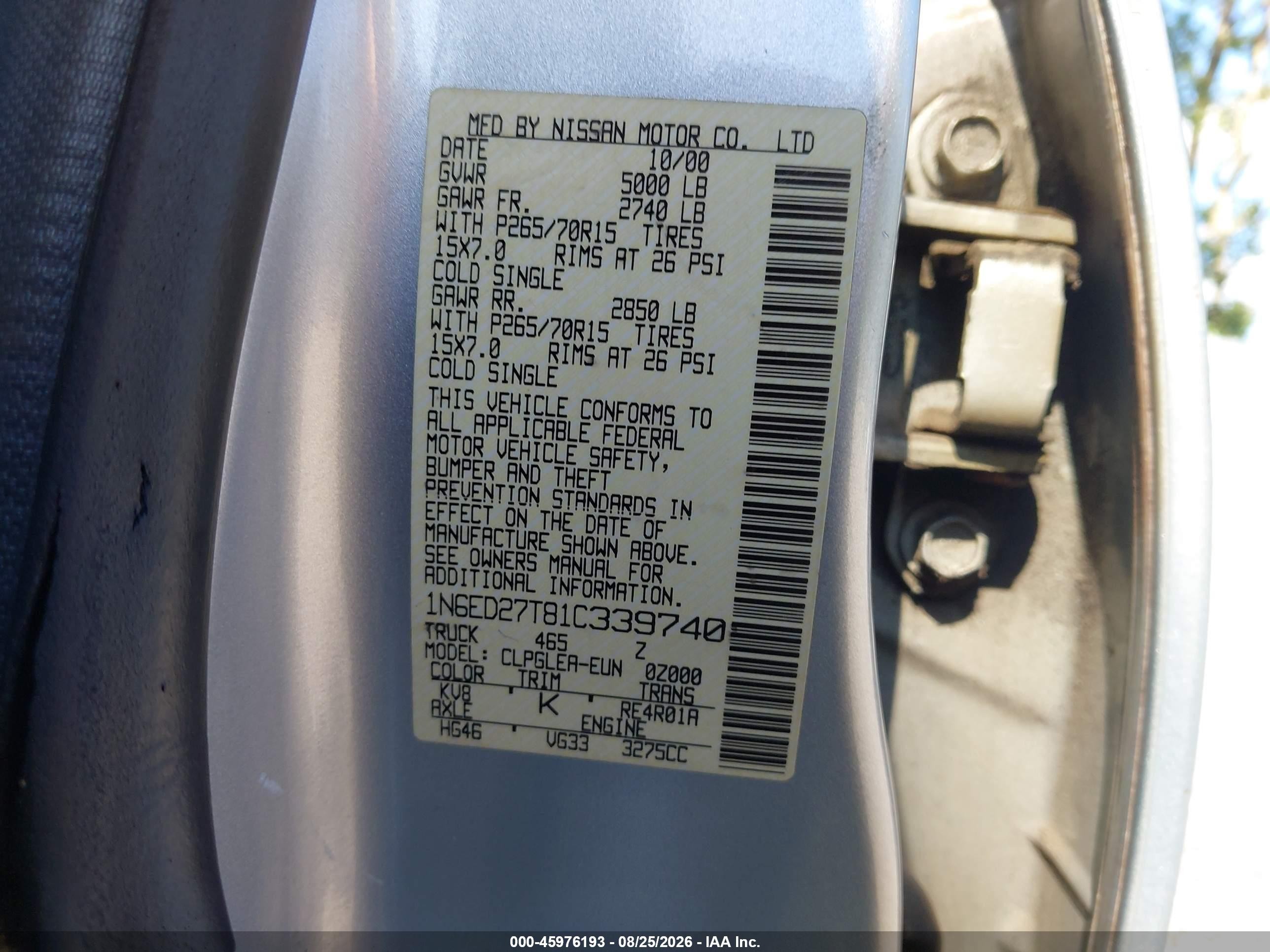 2001 Nissan Frontier Xe-v6 Серебряный vin: 1N6ED27T81C339740
