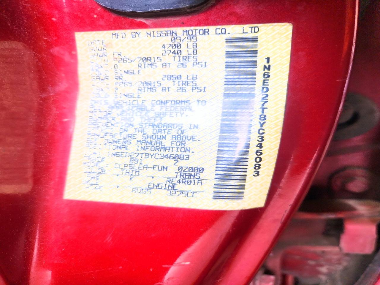 2000 Nissan Frontier Xe Red vin: 1N6ED27T8YC346083