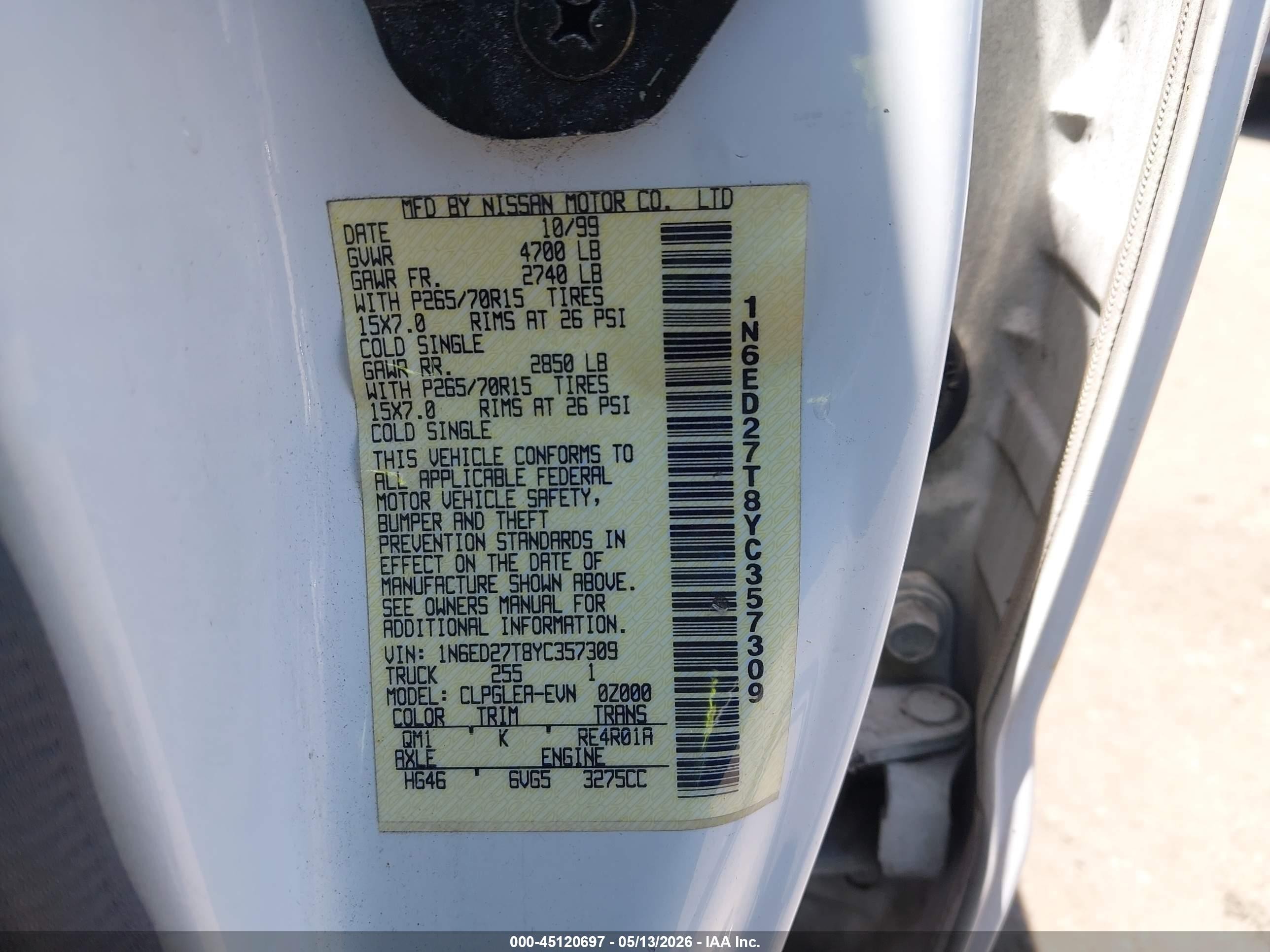 2000 Nissan Frontier Se-v6/xe/xe-v6 White vin: 1N6ED27T8YC357309