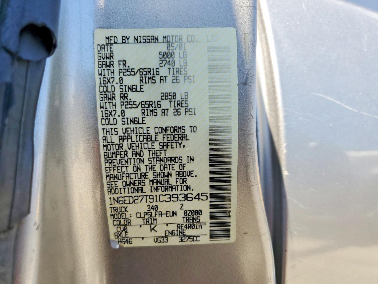 2001 Niss Frontier Gray vin: 1N6ED27T91C393645