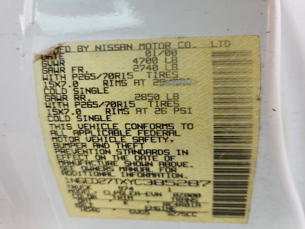 2000 Nissan Frontier Xe White vin: 1N6ED27TXYC385287