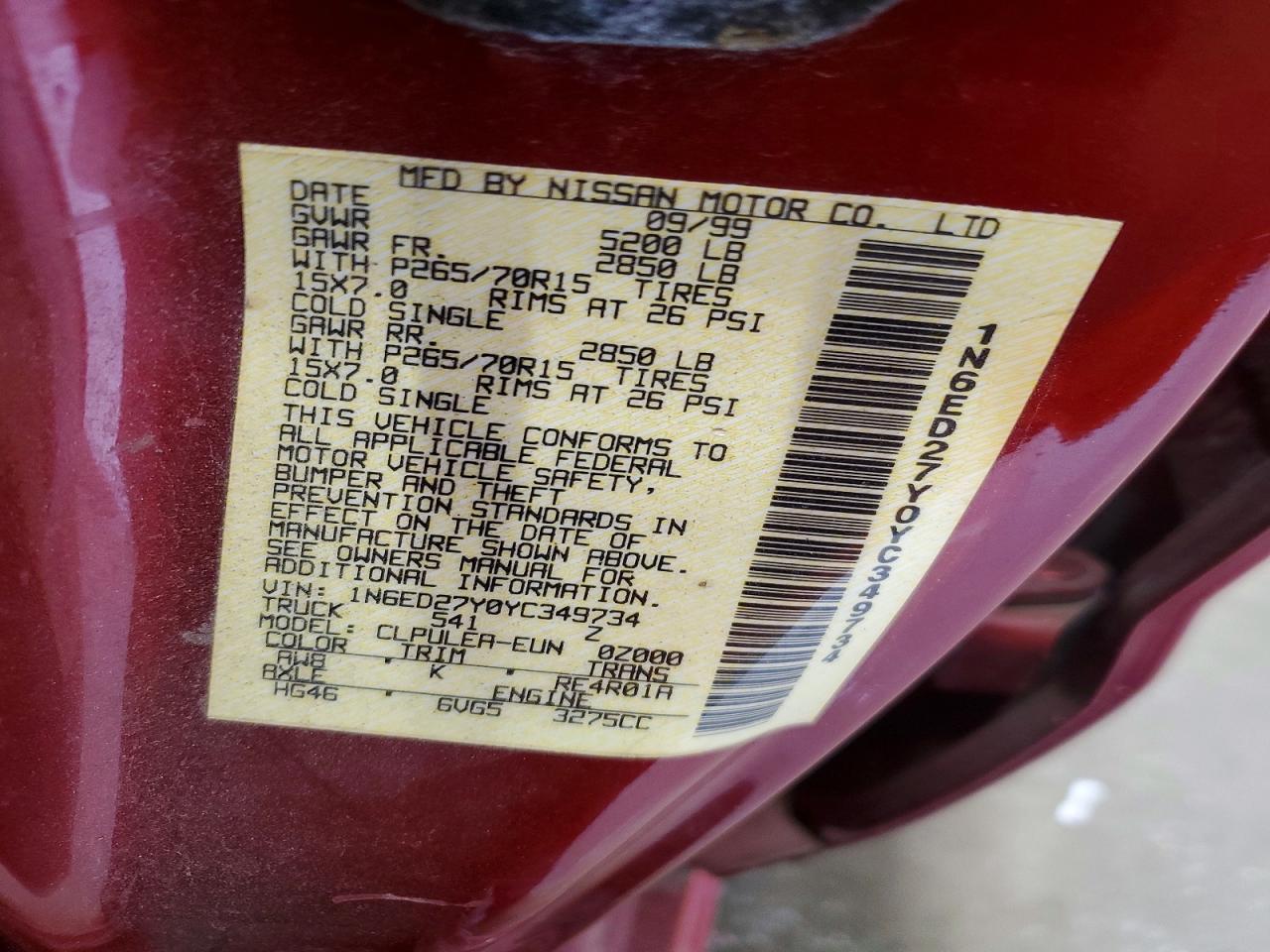 2000 Nissan Frontier Xe Red vin: 1N6ED27Y0YC349734