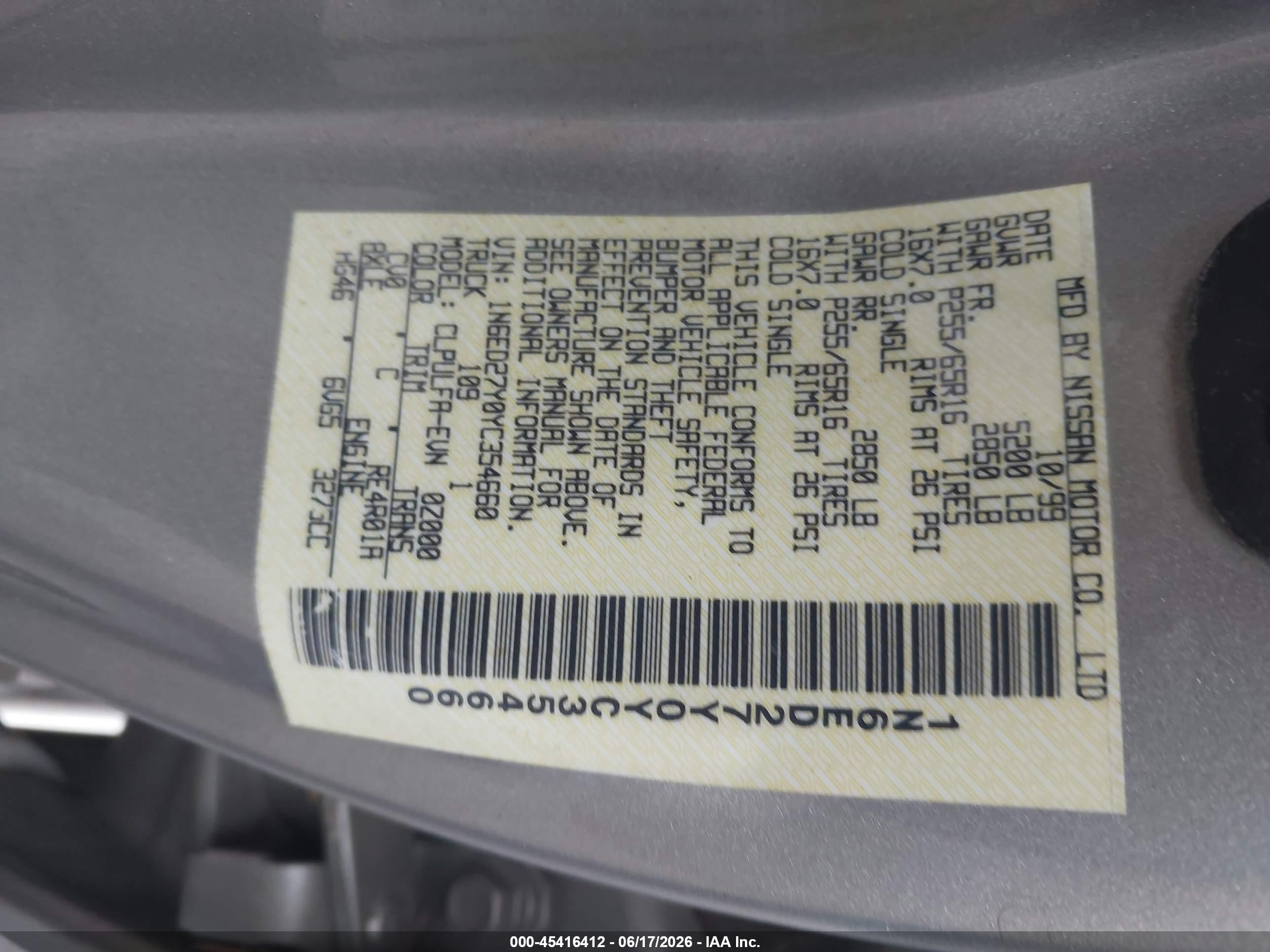 2000 Nissan Frontier Se-v6/xe-v6 Gold vin: 1N6ED27Y0YC354660