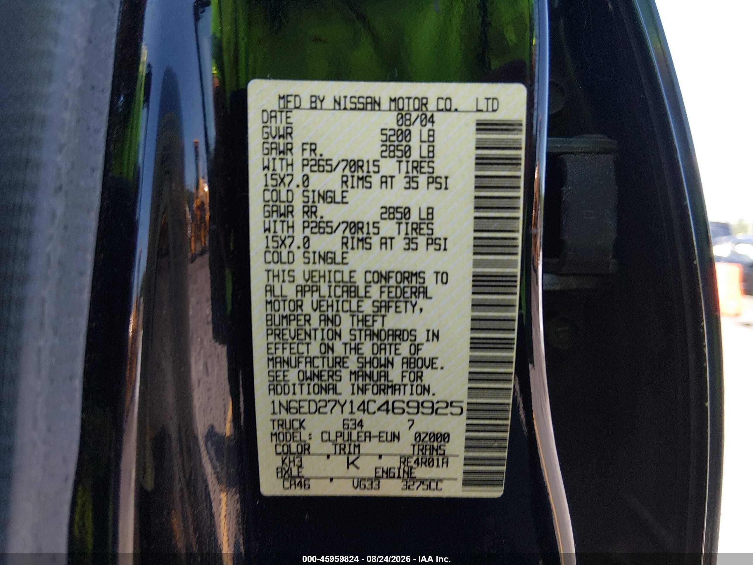 2004 Nissan Frontier Xe-v6 Black vin: 1N6ED27Y14C469925