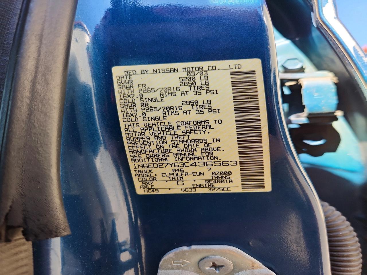 2003 Nissan Frontier Xe-v6 Blue vin: 1N6ED27Y63C436563