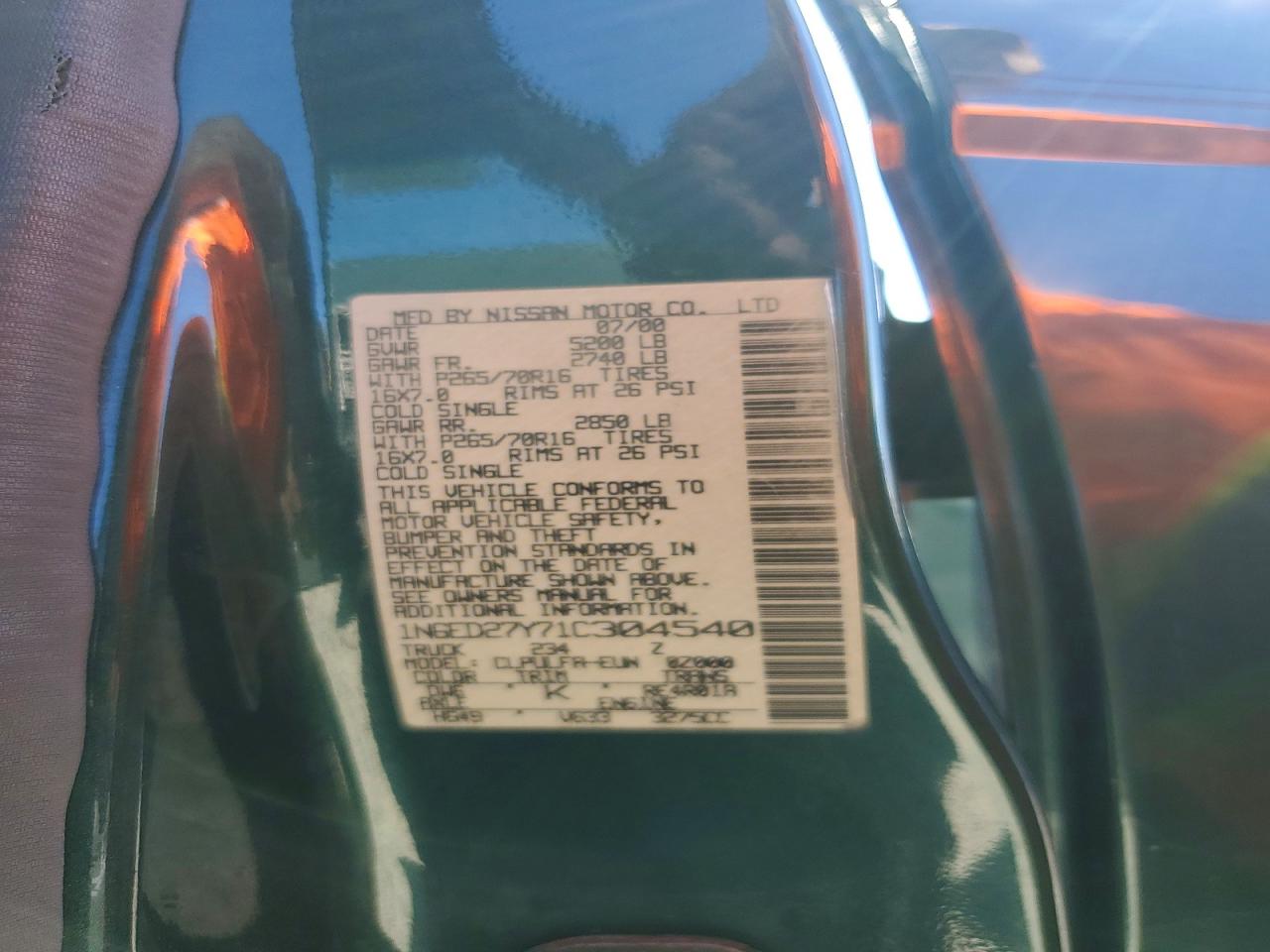 2001 Nissan Frontier Xe Green vin: 1N6ED27Y71C304540