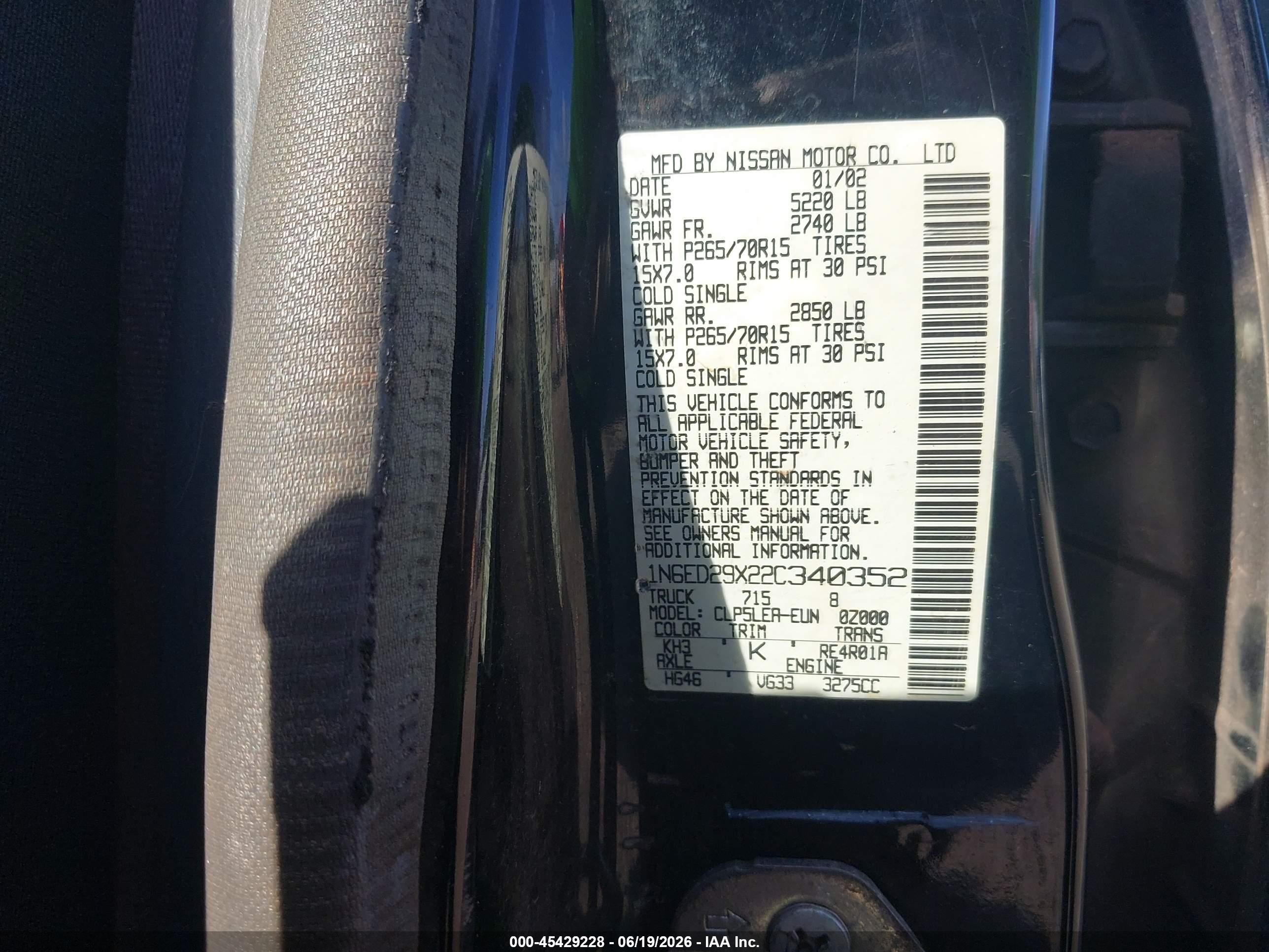 2002 Nissan Frontier Xe-v6 Black vin: 1N6ED29X22C340352