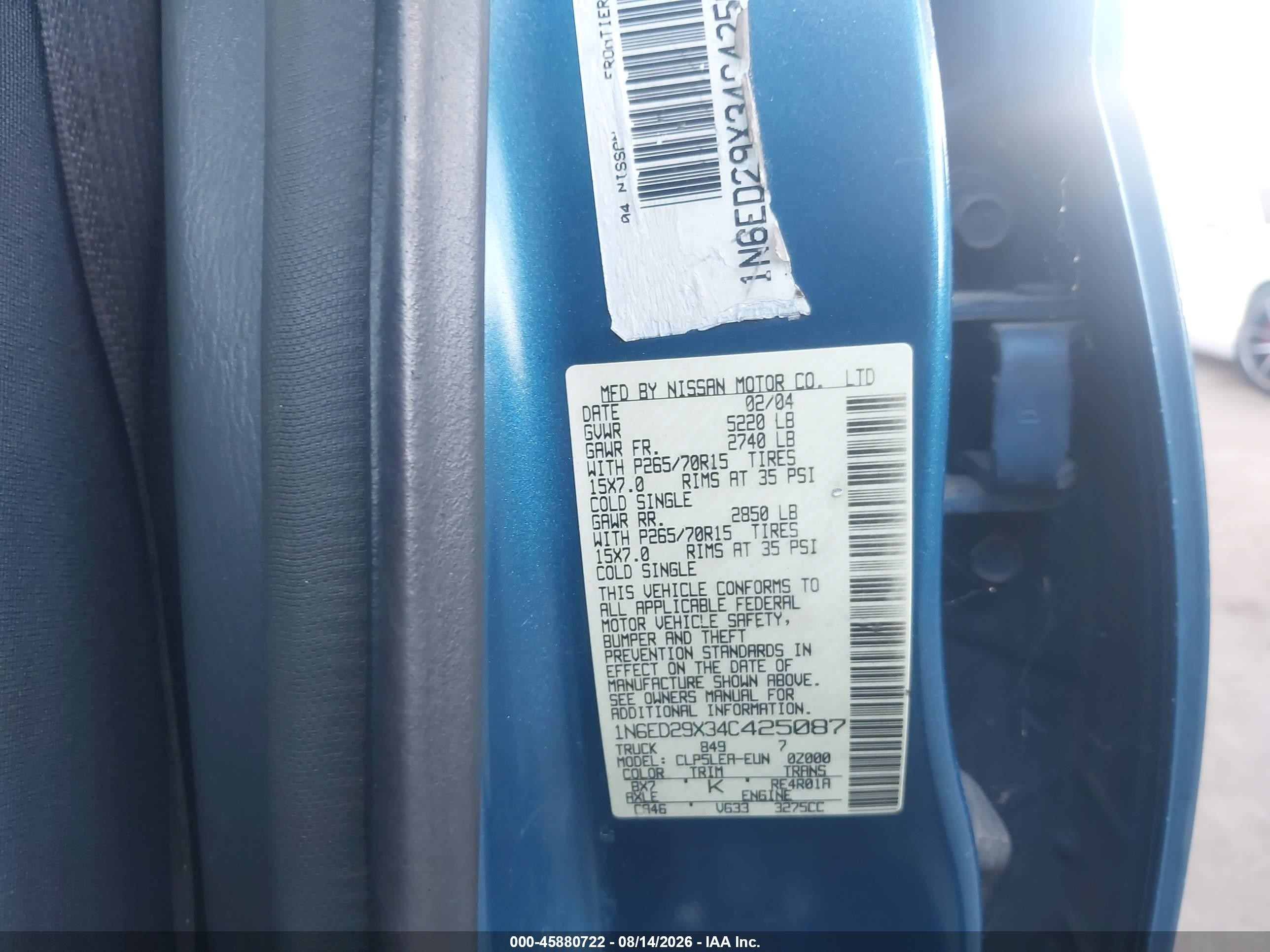 2004 Nissan Frontier Crew Cab Xe V6 Blue vin: 1N6ED29X34C425087