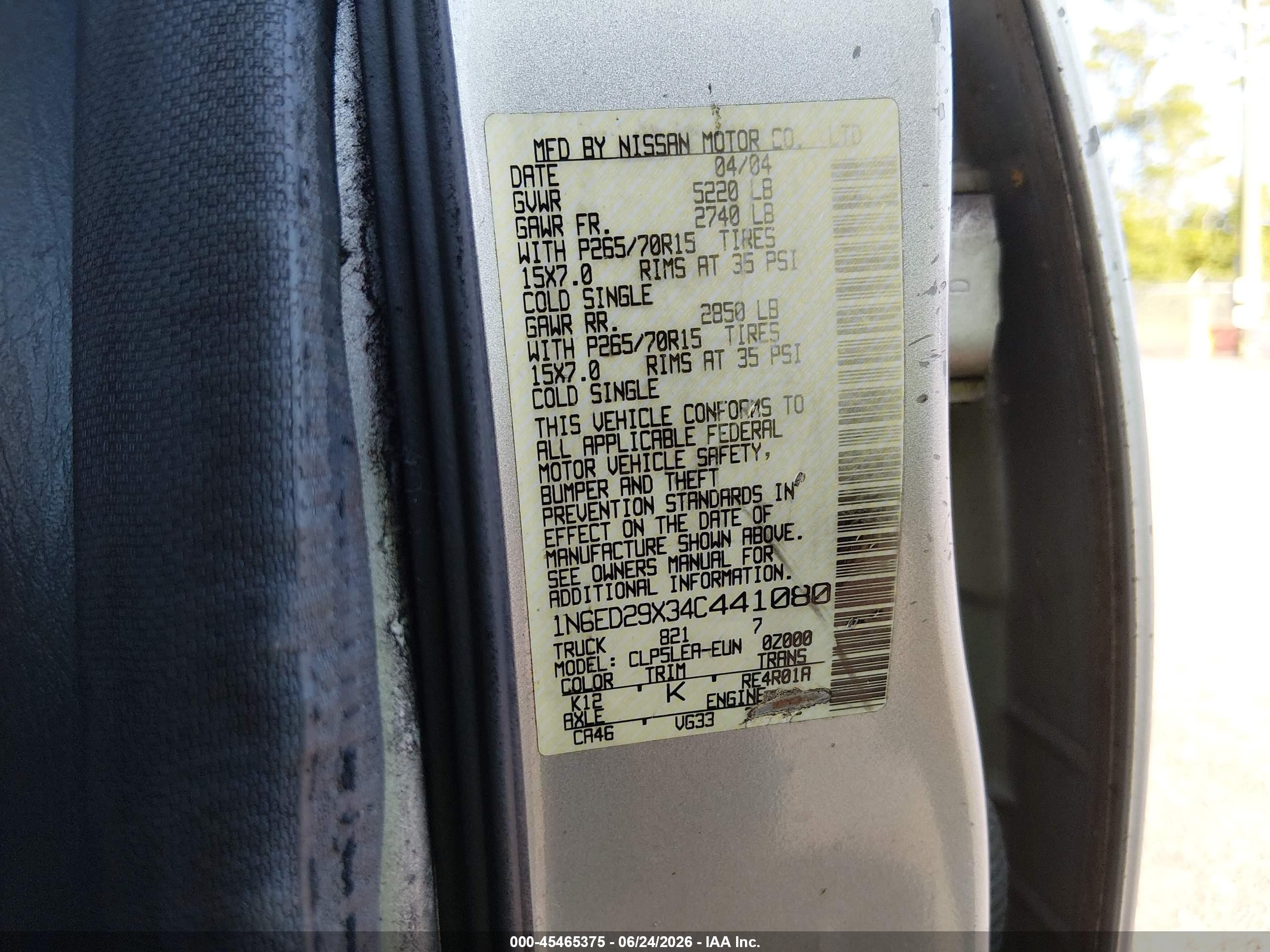 2004 Nissan Frontier Xe-v6 Silver vin: 1N6ED29X34C441080