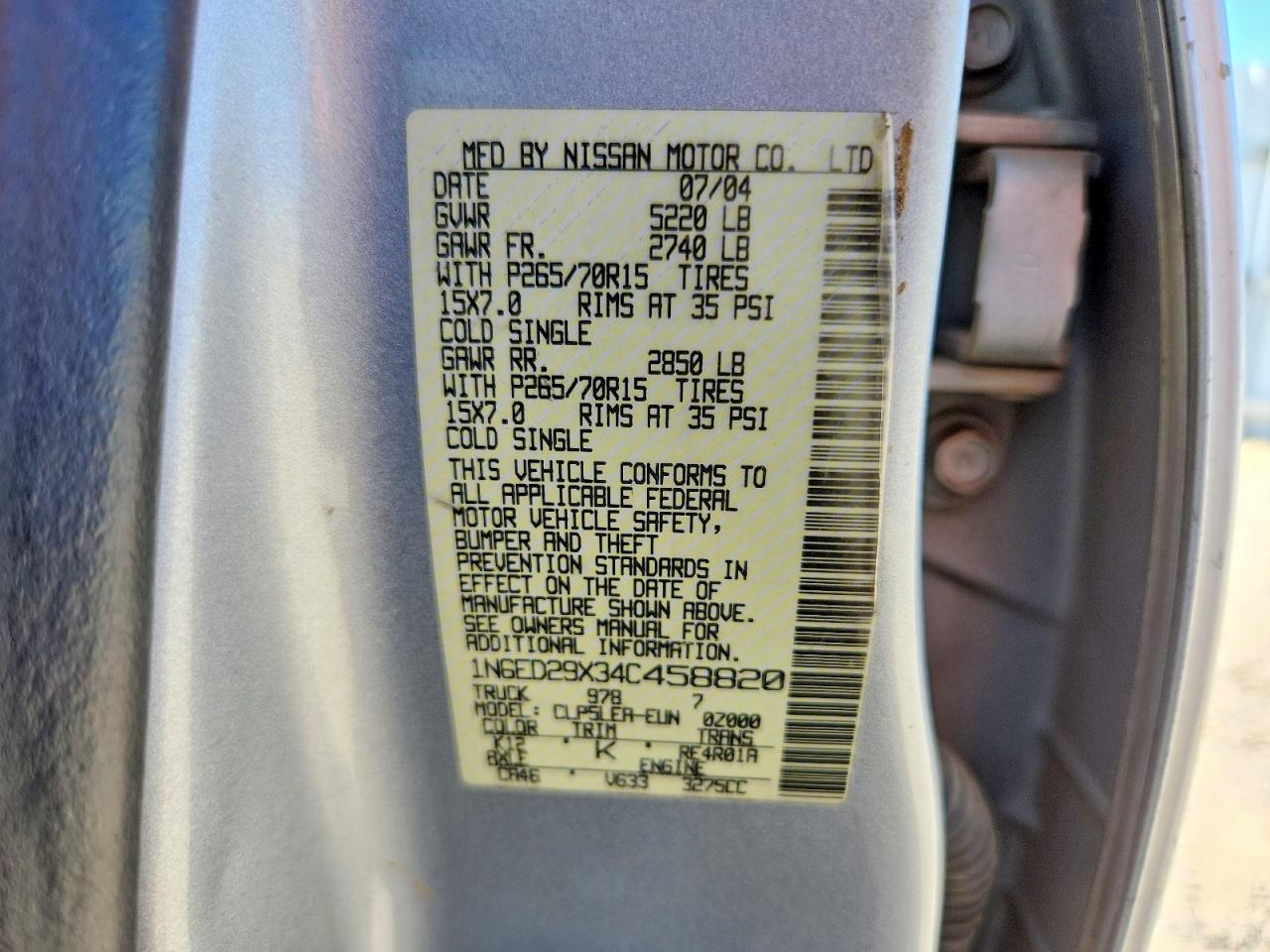 2004 Nissan Frontier Xe-v6 Silver vin: 1N6ED29X34C458820