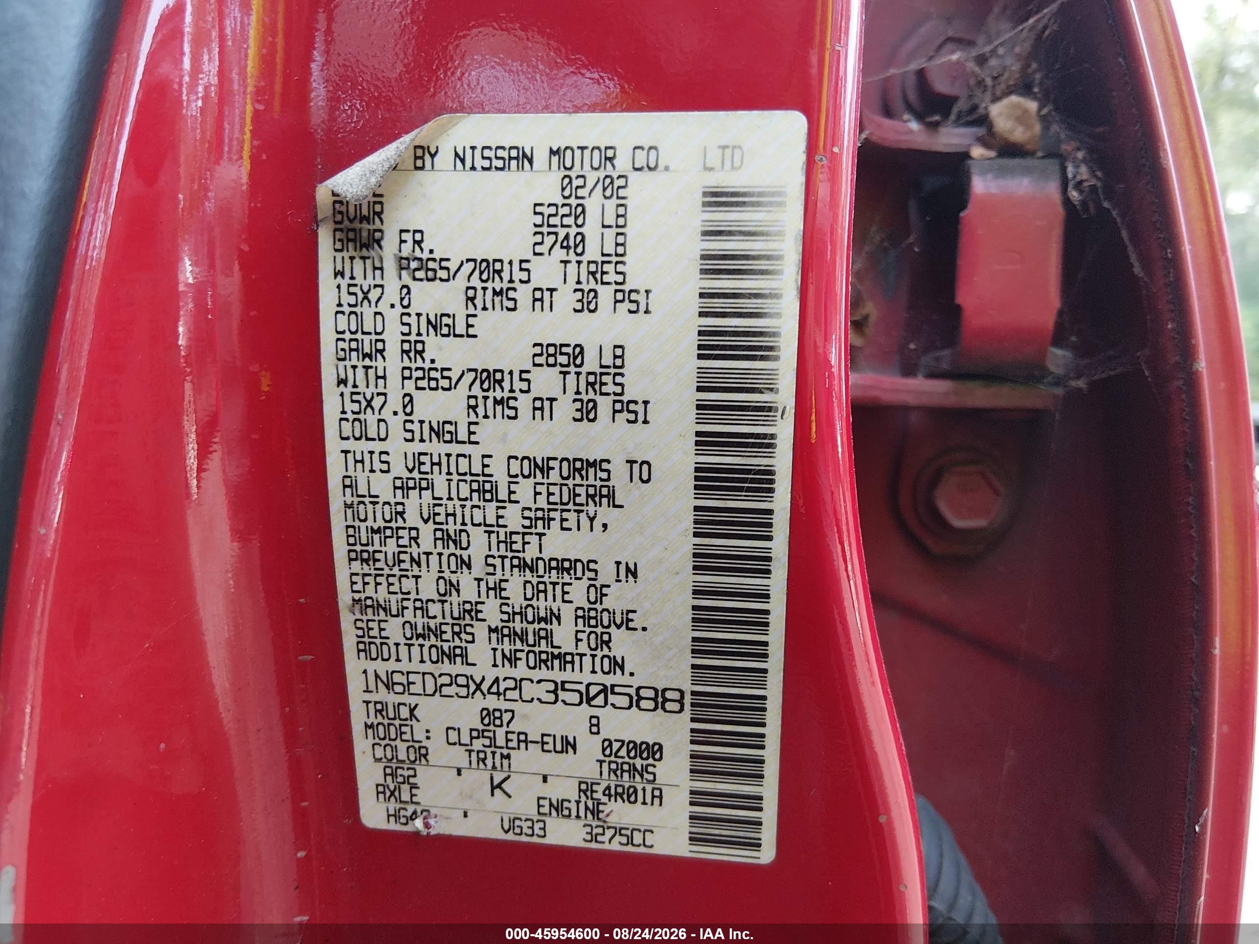 2002 Nissan Frontier Xe-v6 Red vin: 1N6ED29X42C350588