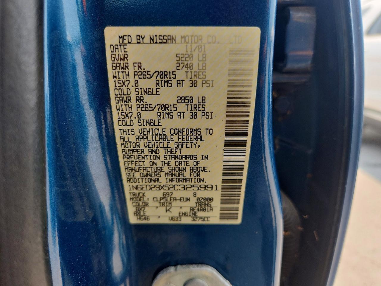 2002 Nissan Frontier Xe-v6 Blue vin: 1N6ED29X52C325991
