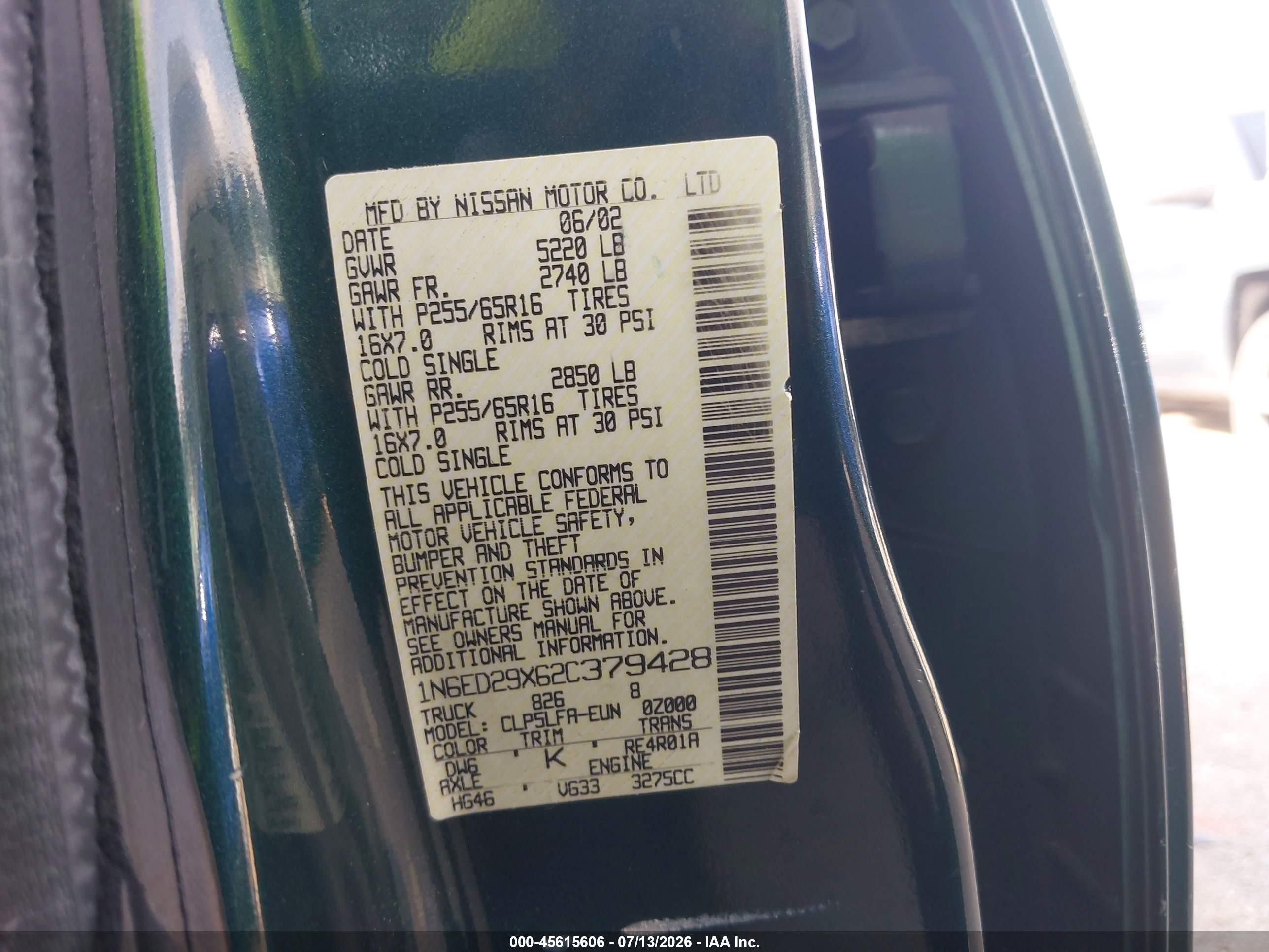 2002 Nissan Frontier Se-v6 Green vin: 1N6ED29X62C379428