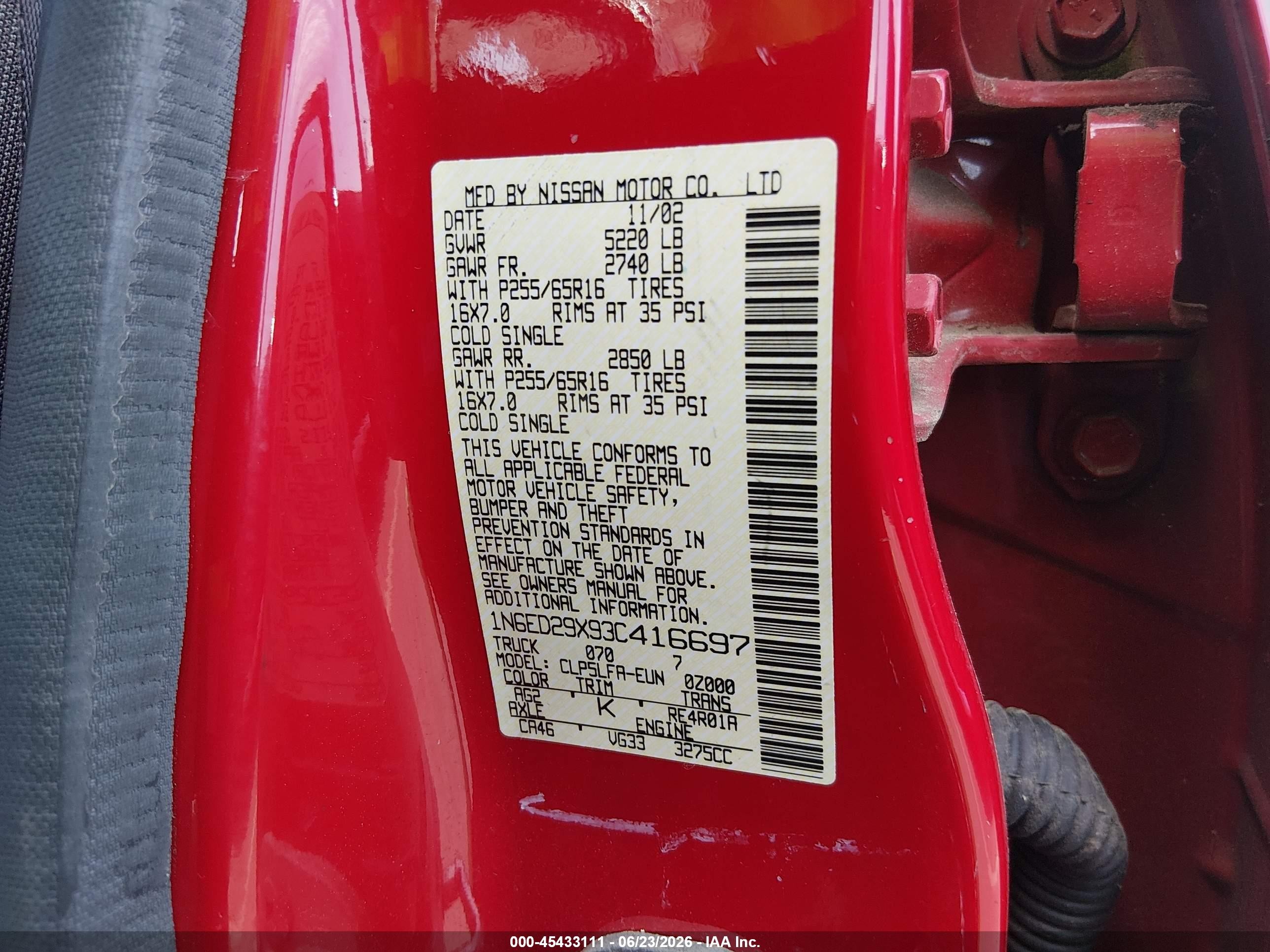 2003 Nissan Frontier Se-v6 Red vin: 1N6ED29X93C416697