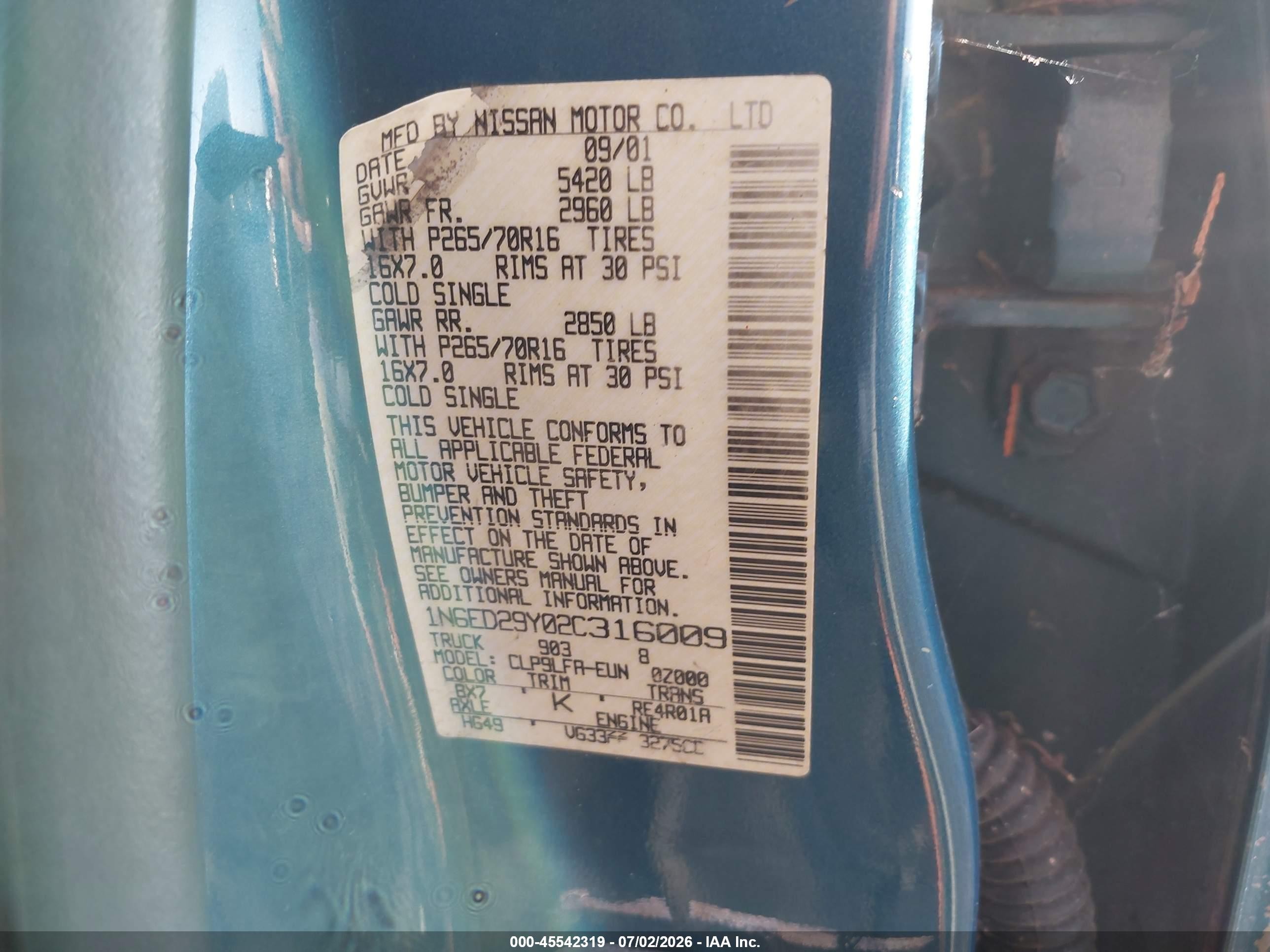 2002 Nissan Frontier Se-v6 Blue vin: 1N6ED29Y02C316009