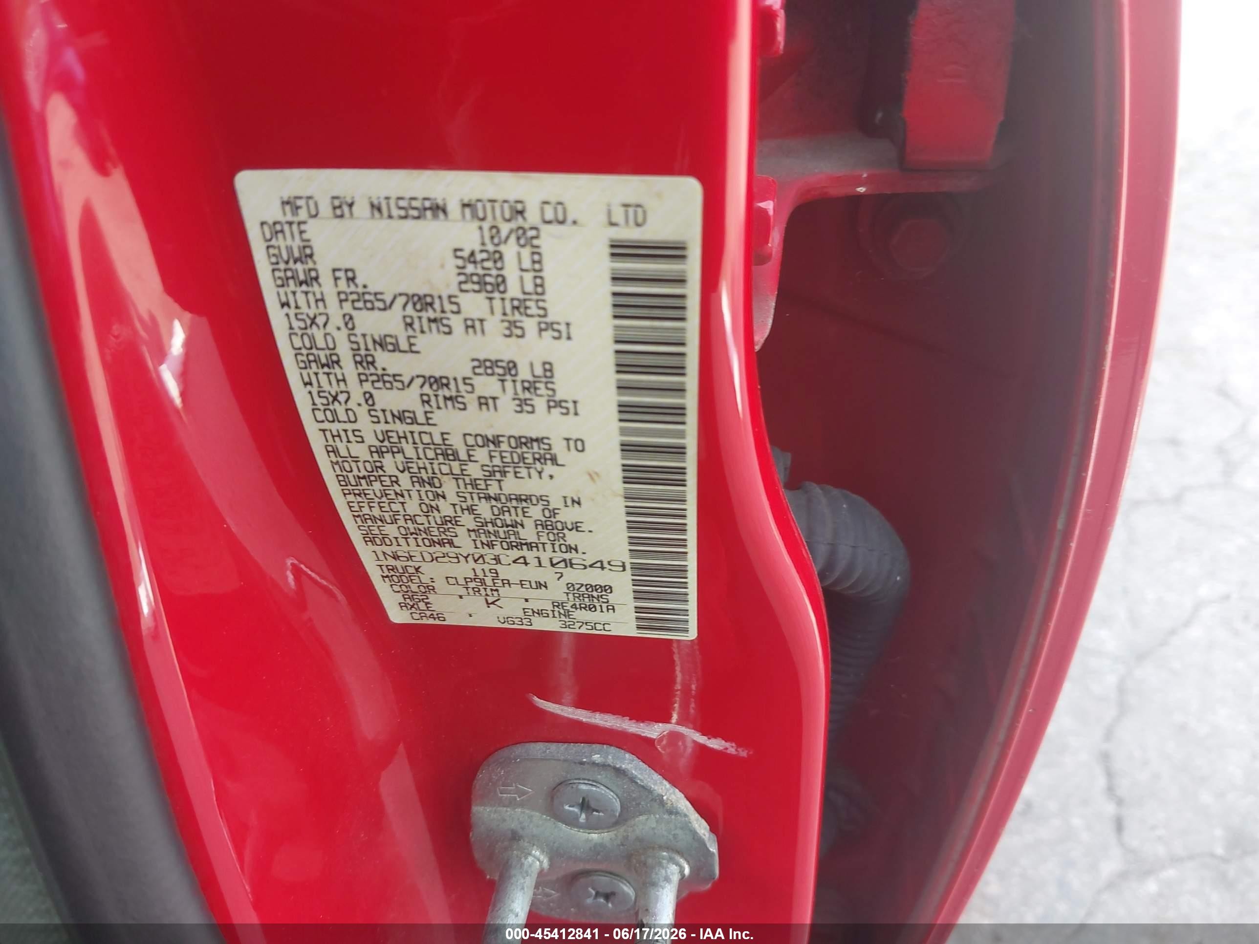 2003 Nissan Frontier Xe-v6 Red vin: 1N6ED29Y03C410649