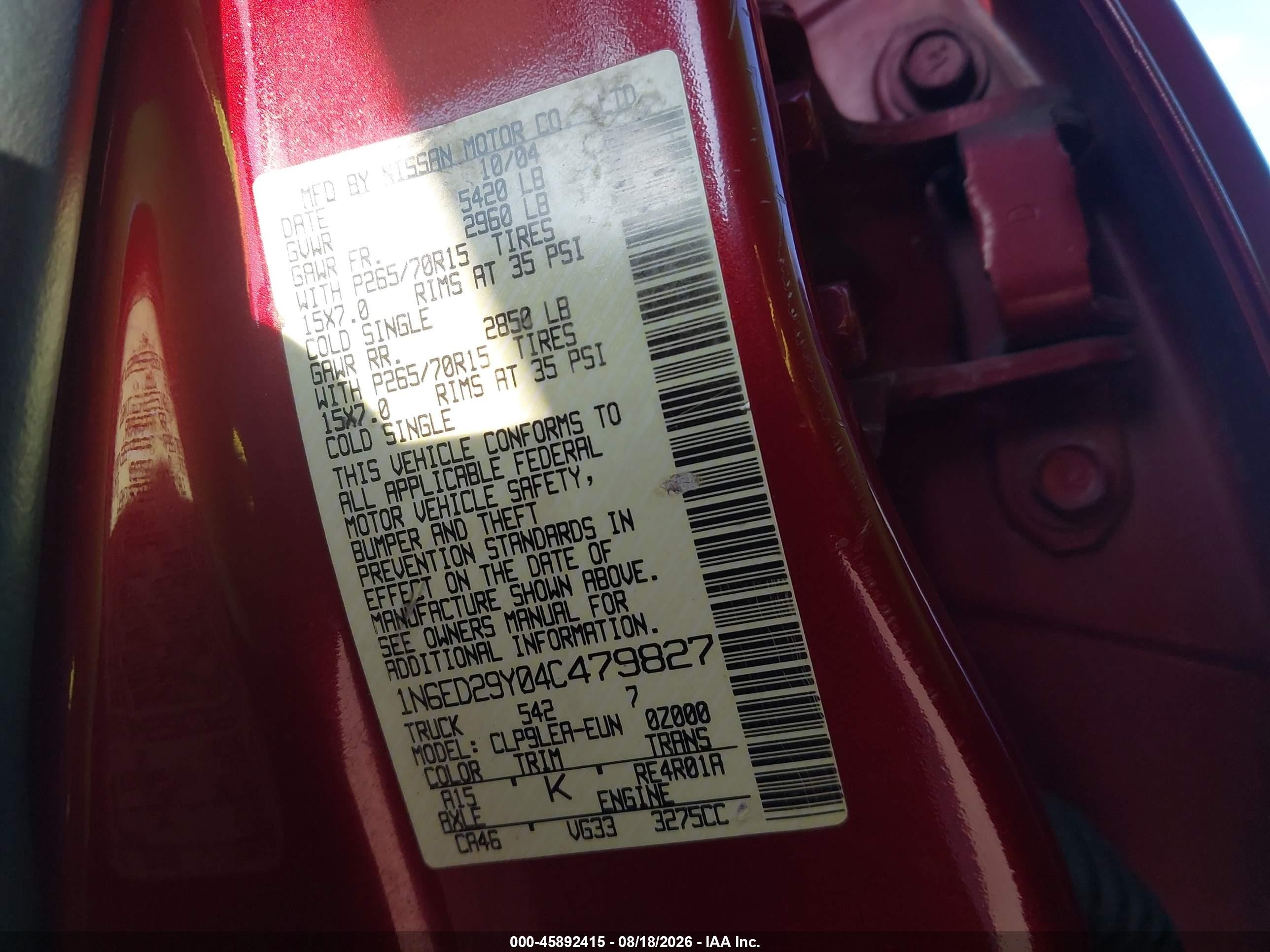 2004 Nissan Frontier Xe-v6 Red vin: 1N6ED29Y04C479827