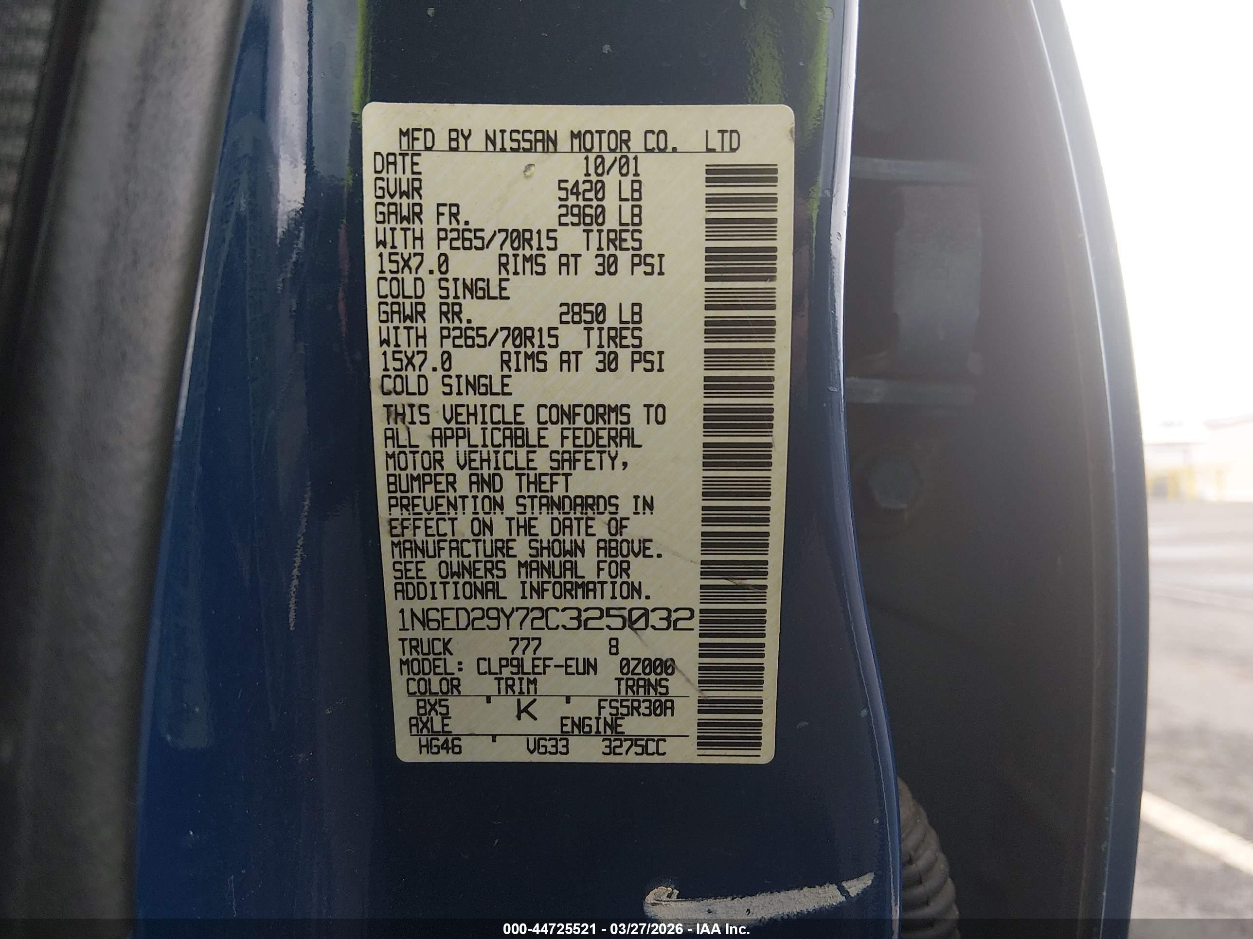 2002 Nissan Frontier Xe-v6 Blue vin: 1N6ED29Y72C325032