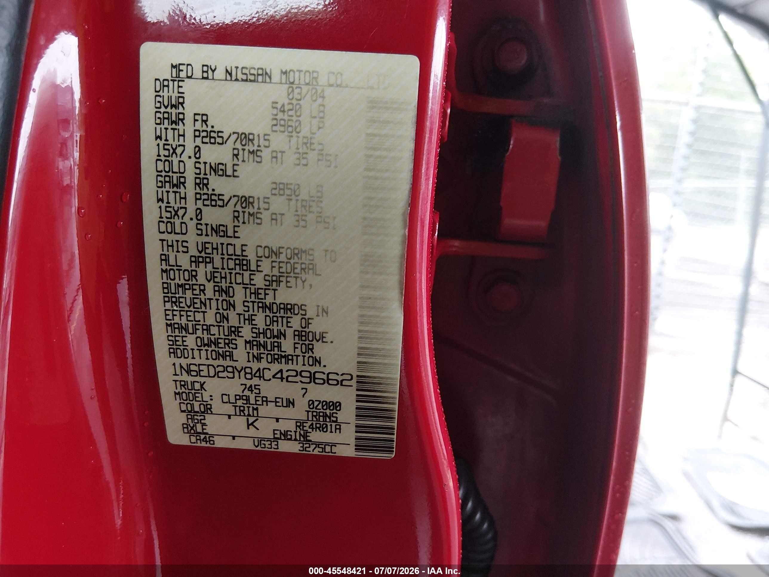 2004 Nissan Frontier Xe-v6 Red vin: 1N6ED29Y84C429662