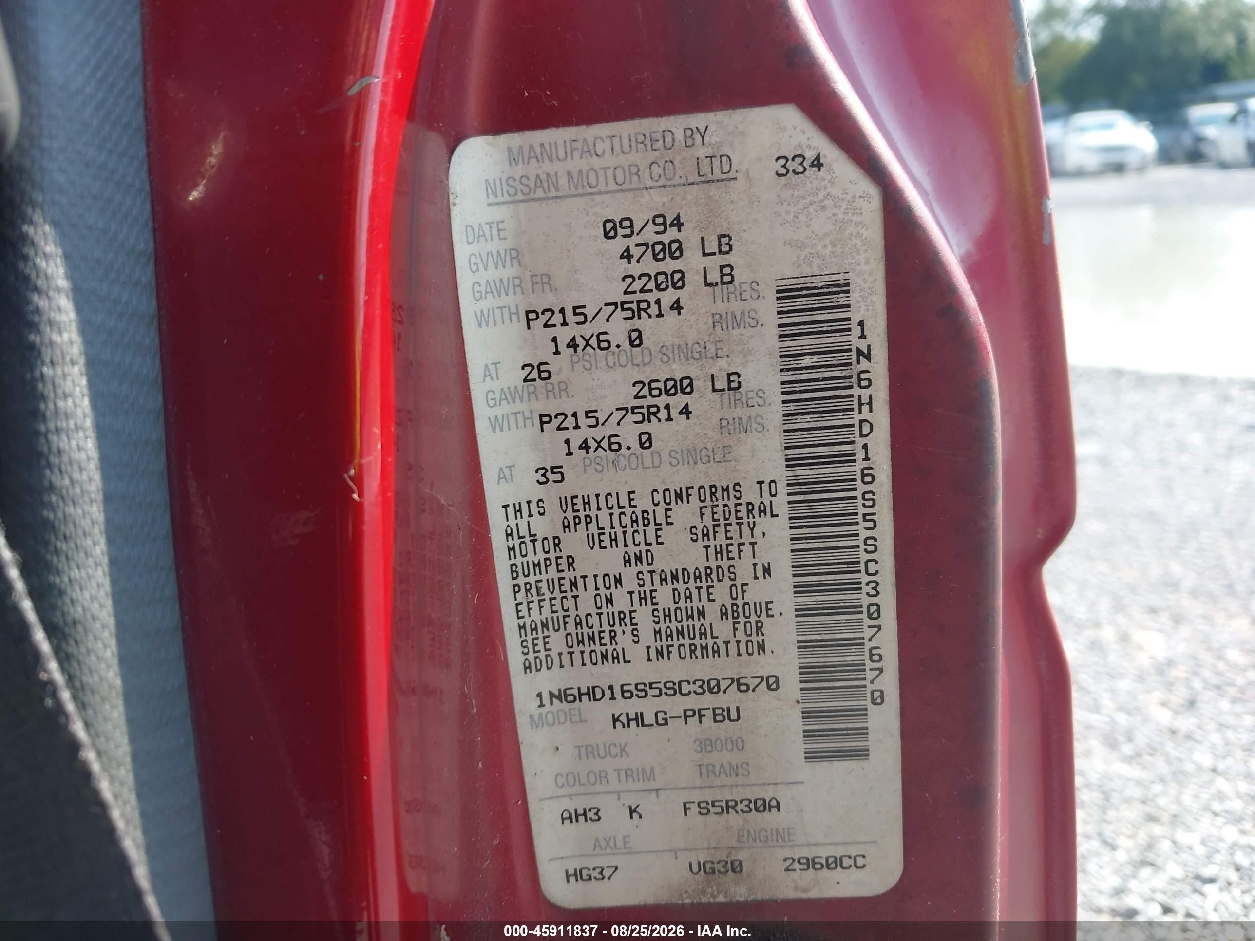 1995 Nissan Truck King Cab Se/king Cab Xe Red vin: 1N6HD16S5SC307670