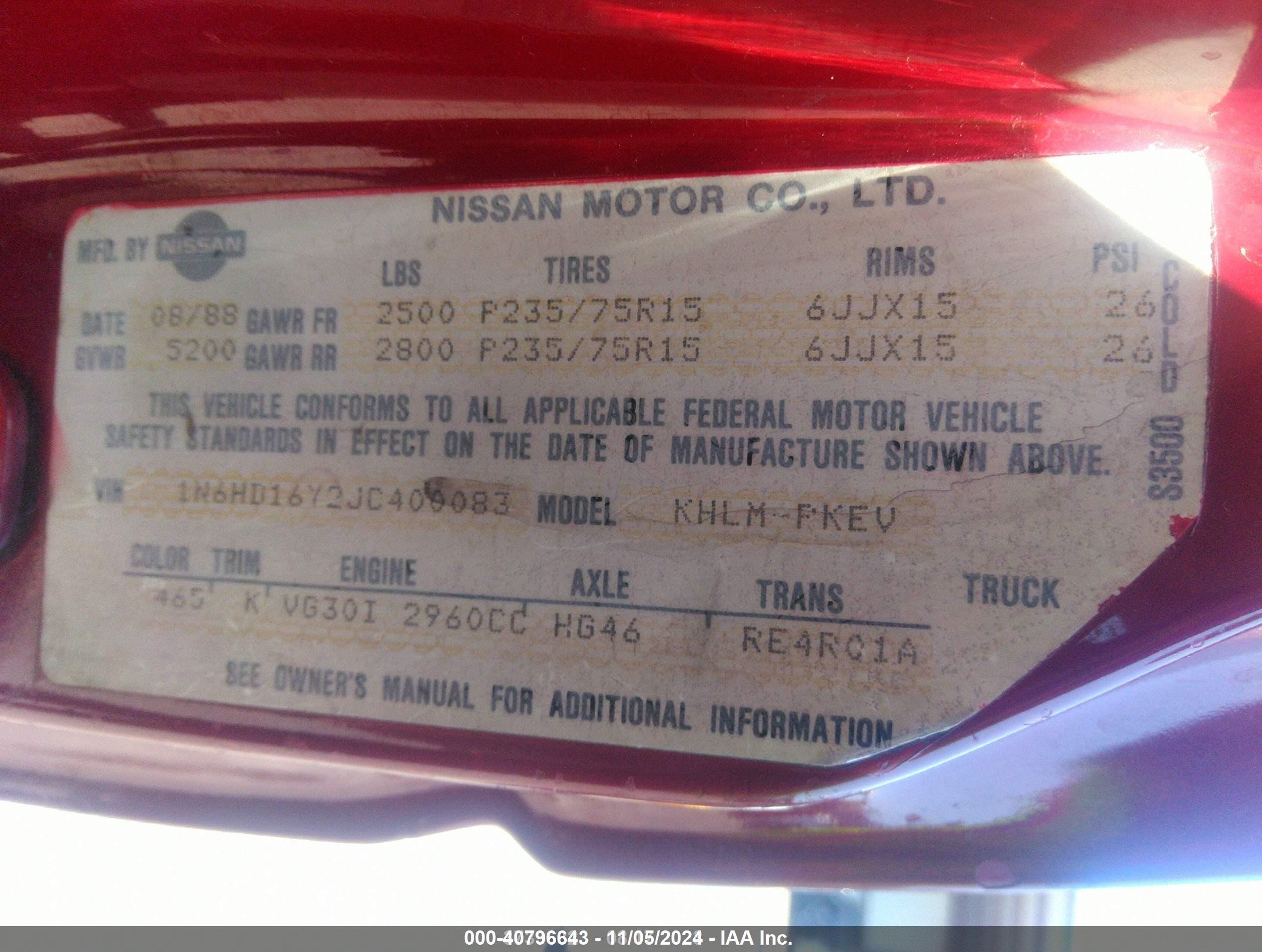 1988 Nissan D21 King Cab Red vin: 1N6HD16Y2JC400083