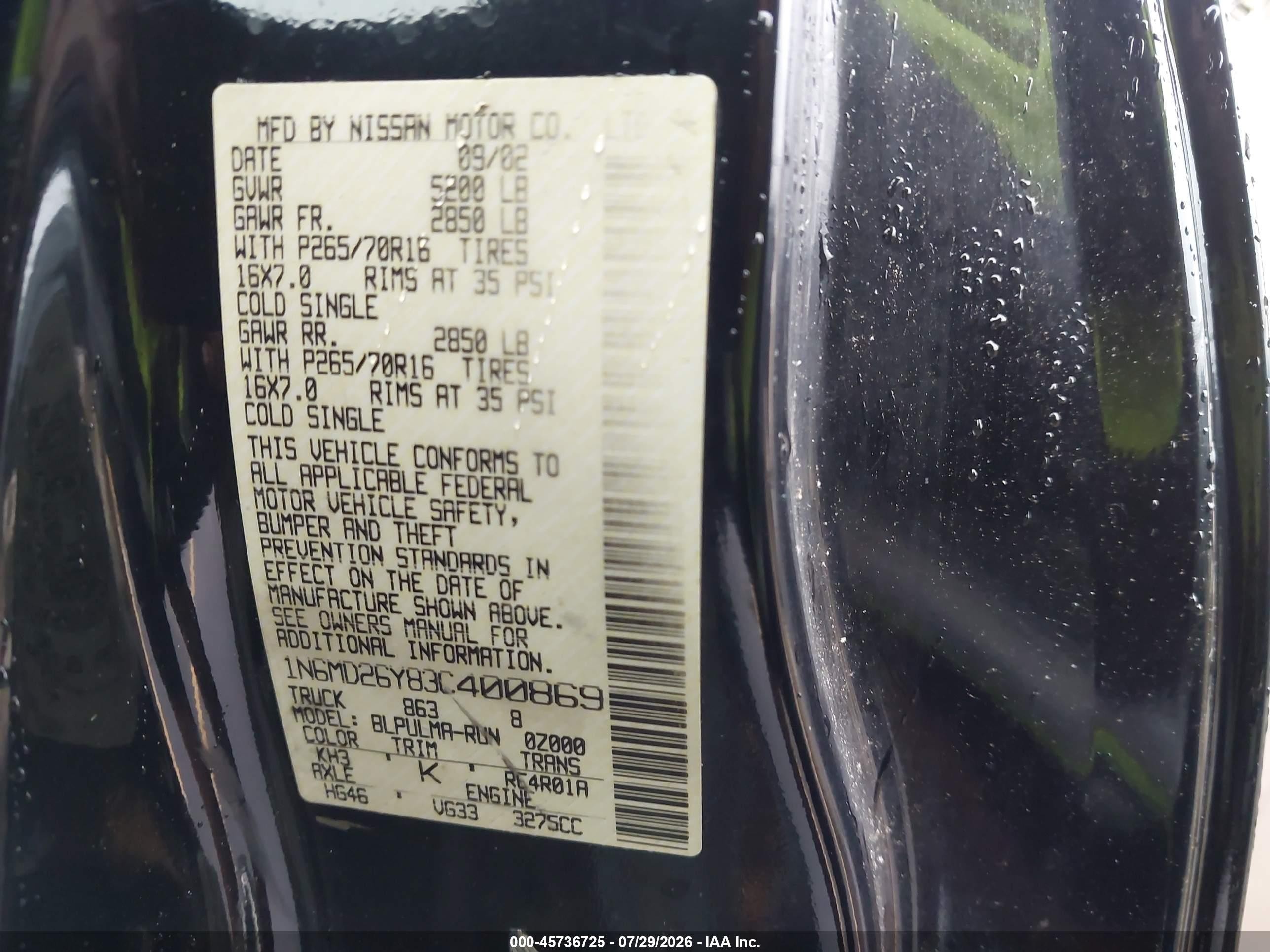 2003 Nissan Frontier Sve-v6 Black vin: 1N6MD26Y83C400869