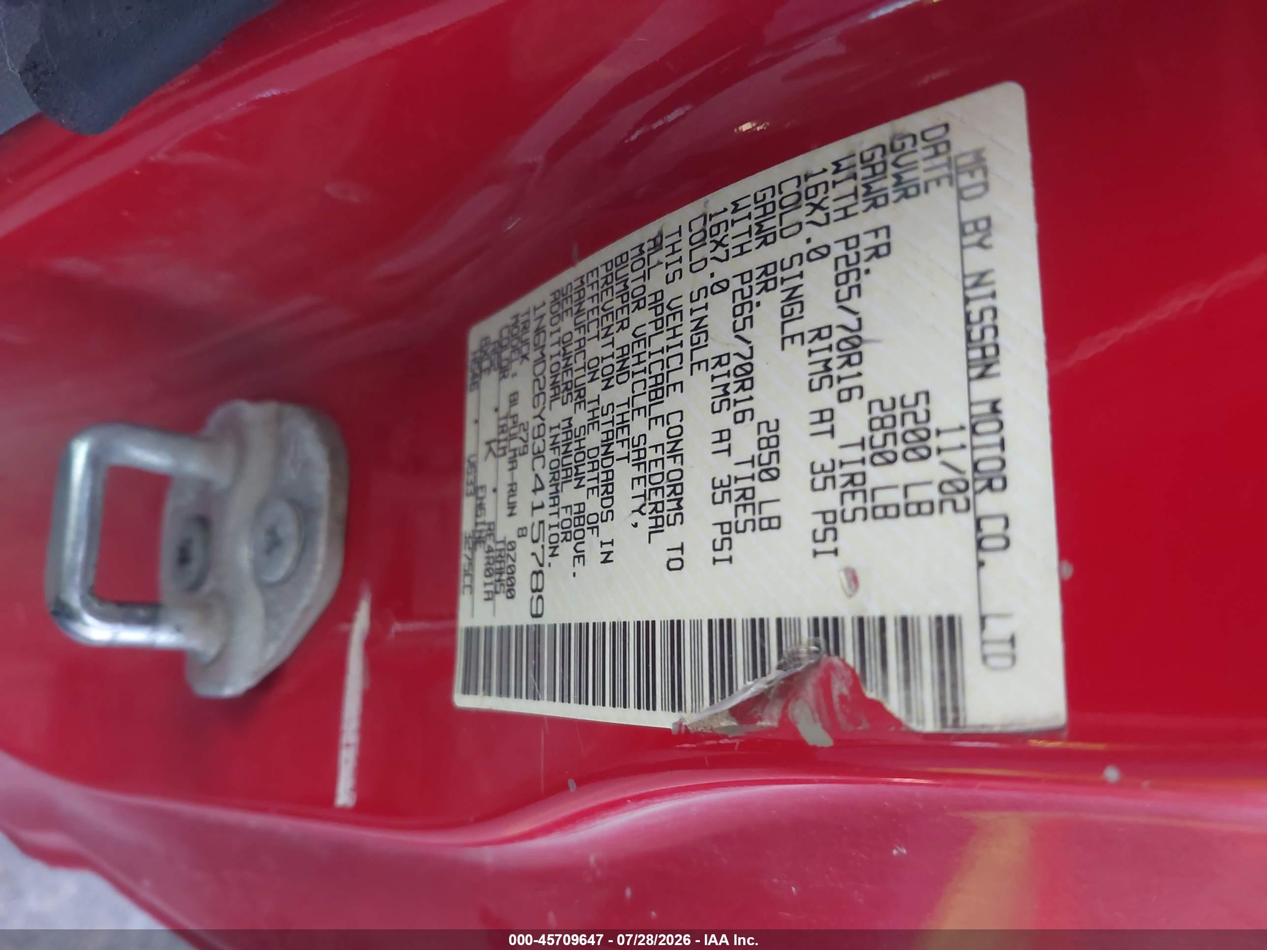 2003 Nissan Frontier Sve-v6 Красный vin: 1N6MD26Y83C415789