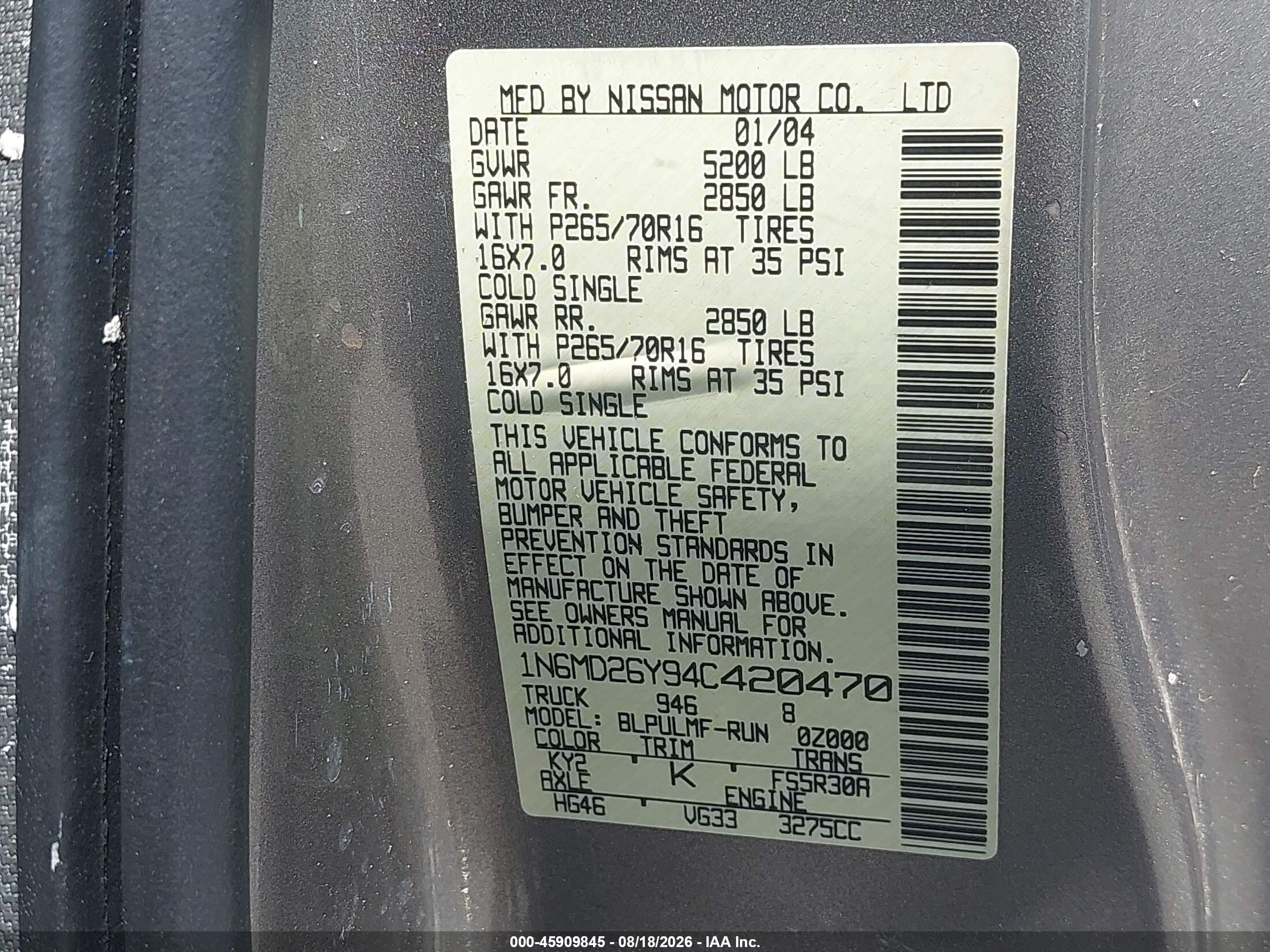 2004 Nissan Frontier Sc-v6 Gray vin: 1N6MD26Y94C420470
