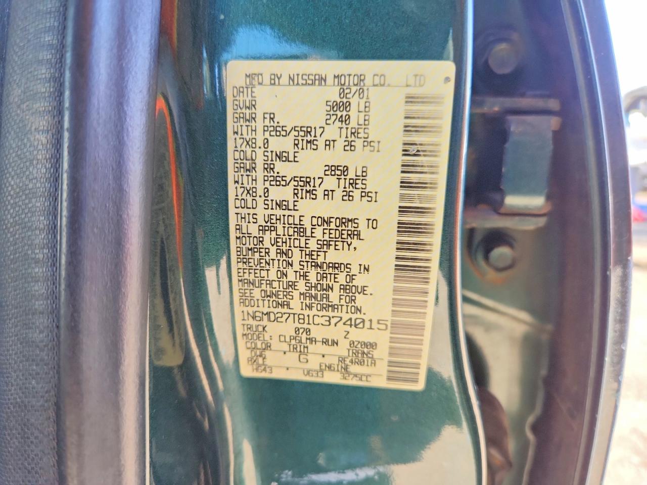 2001 Nissan Frontier Crew Cab Sc Green vin: 1N6MD27T81C374015