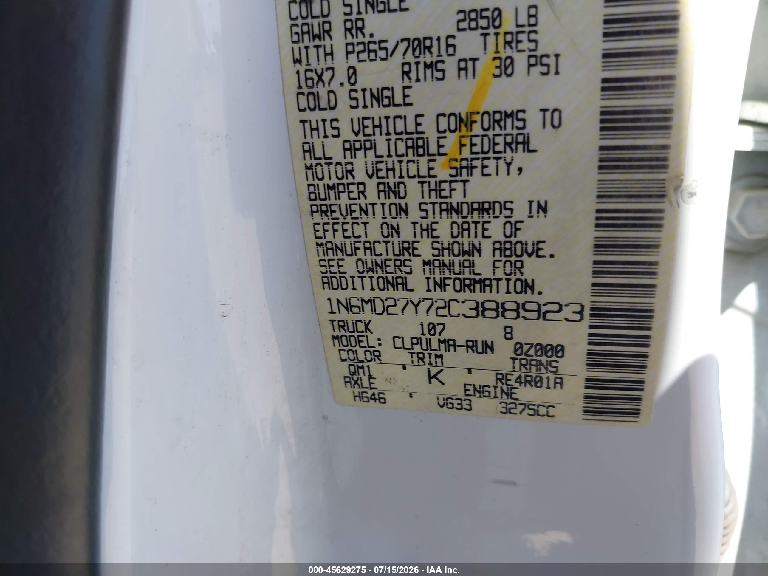 2002 Nissan Frontier Crew Cab Sc White vin: 1N6MD27Y72C388923