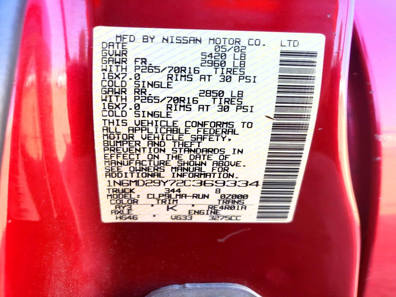 2002 Nissan Frontier Crew Cab Sc Red vin: 1N6MD29Y72C369334