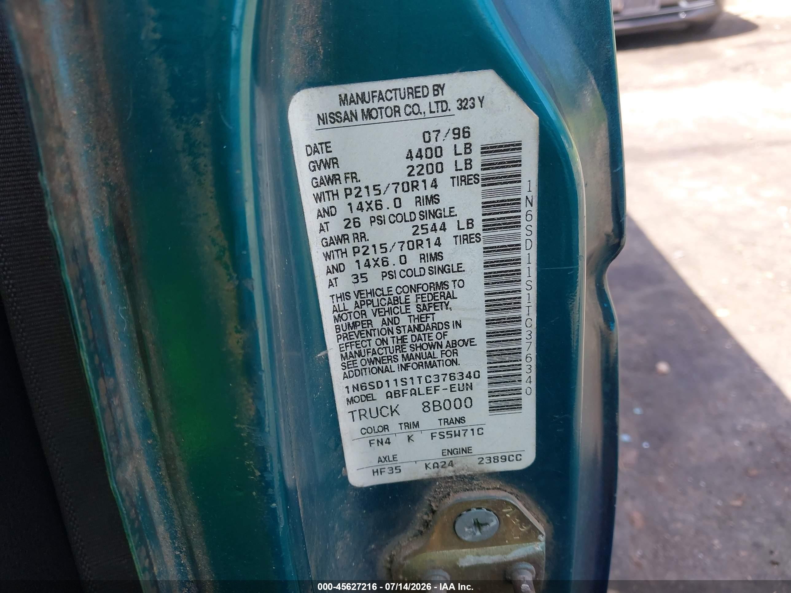 1996 Nissan Truck Xe Green vin: 1N6SD11S1TC376340