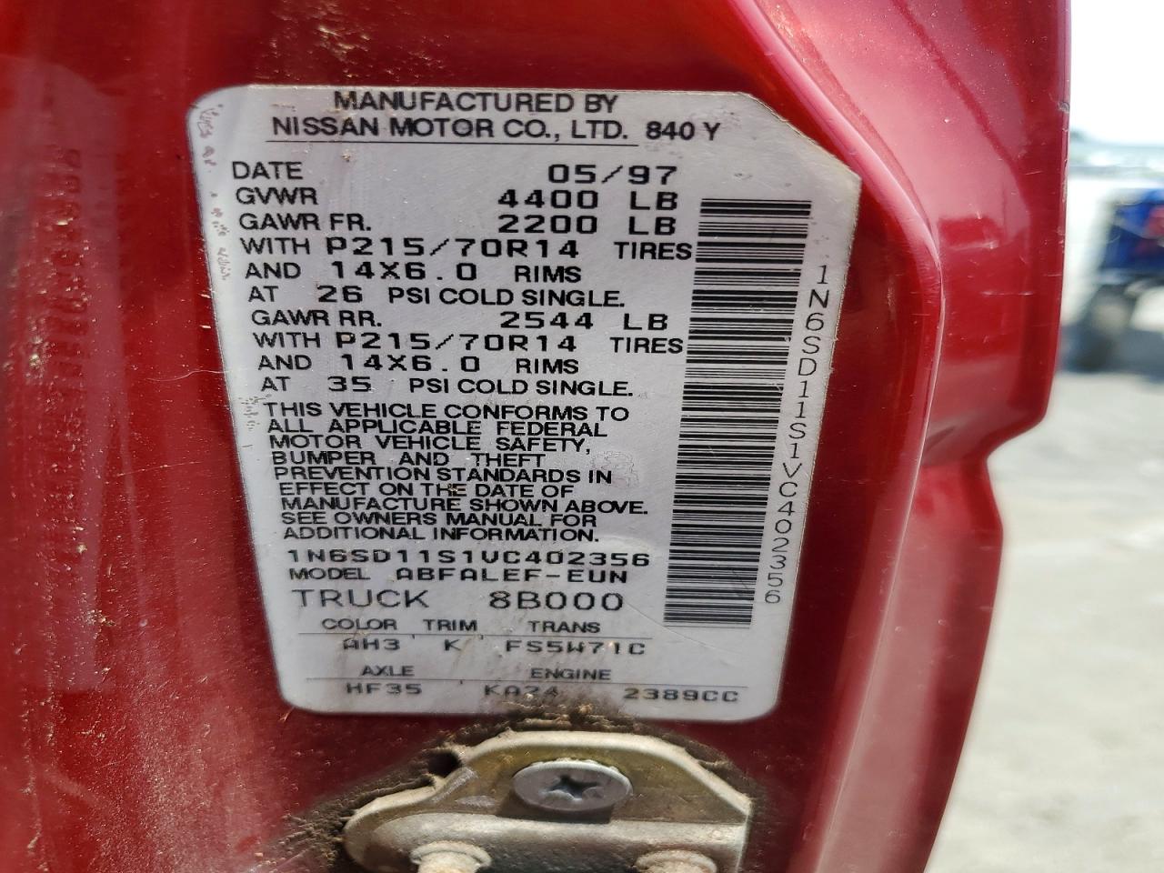 1997 Nissan Truck Base Red vin: 1N6SD11S1VC402356