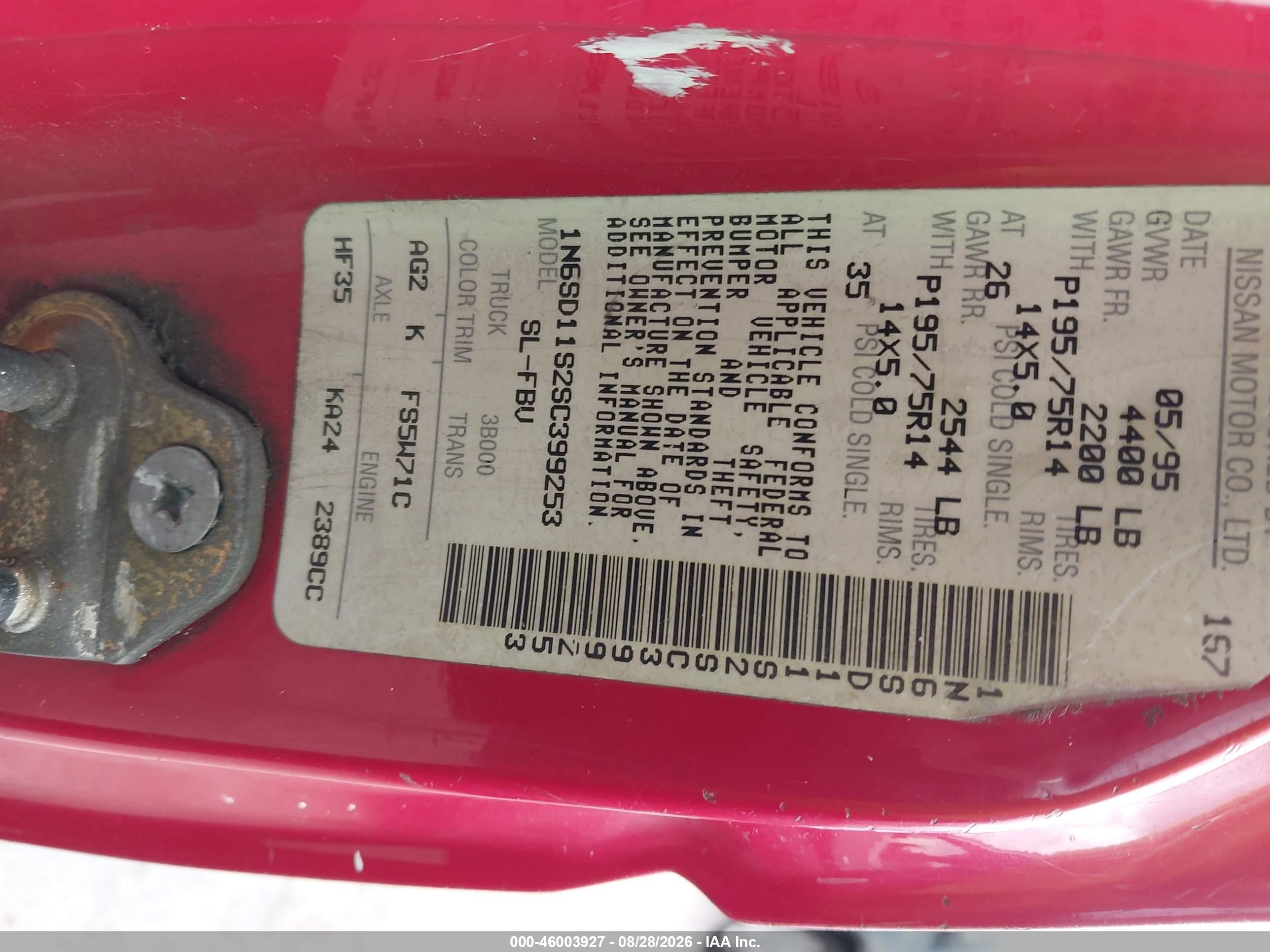 1995 Nissan Truck E/xe Red vin: 1N6SD11S2SC399253