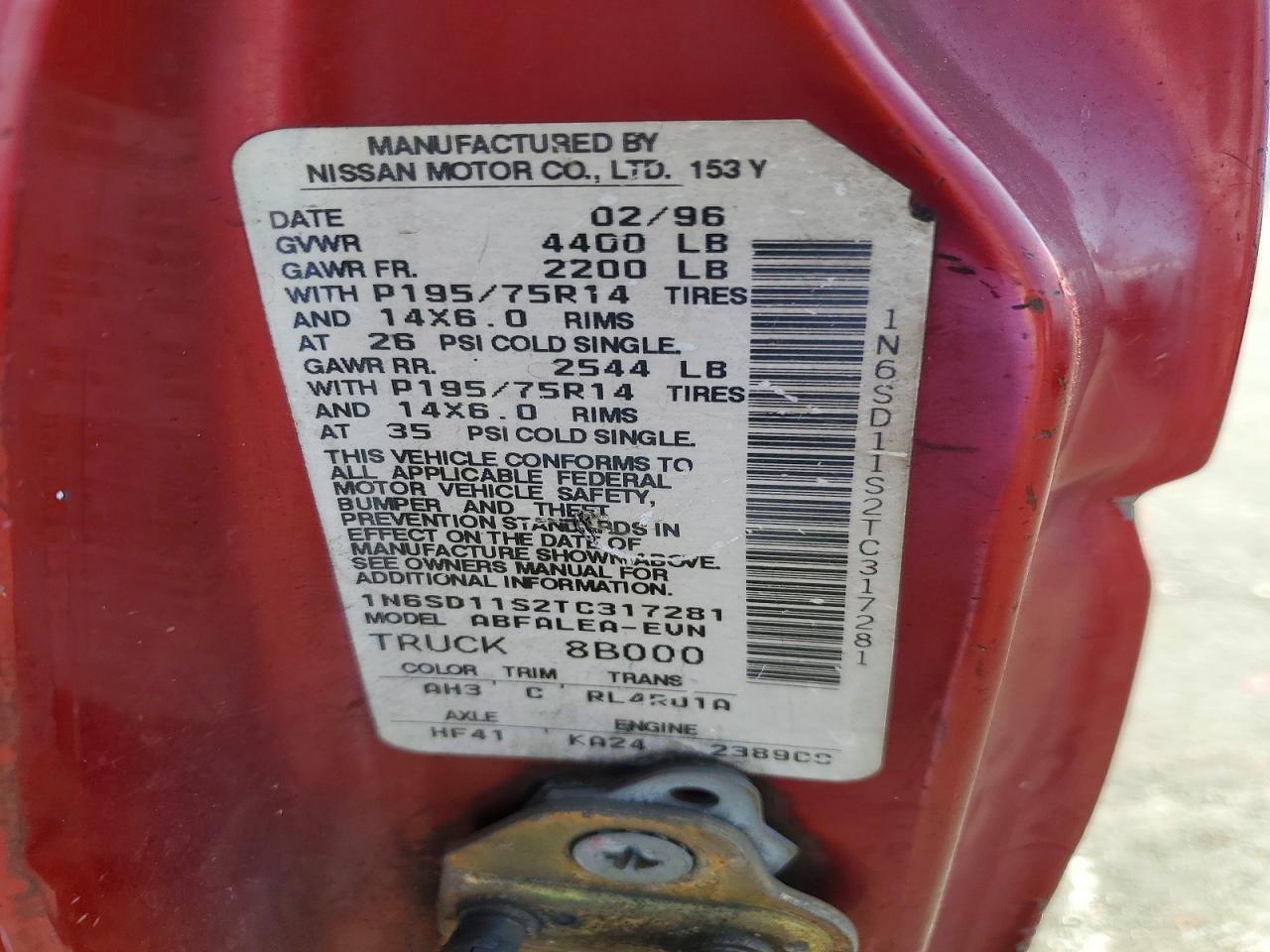 1996 Nissan Truck Base Red vin: 1N6SD11S2TC317281