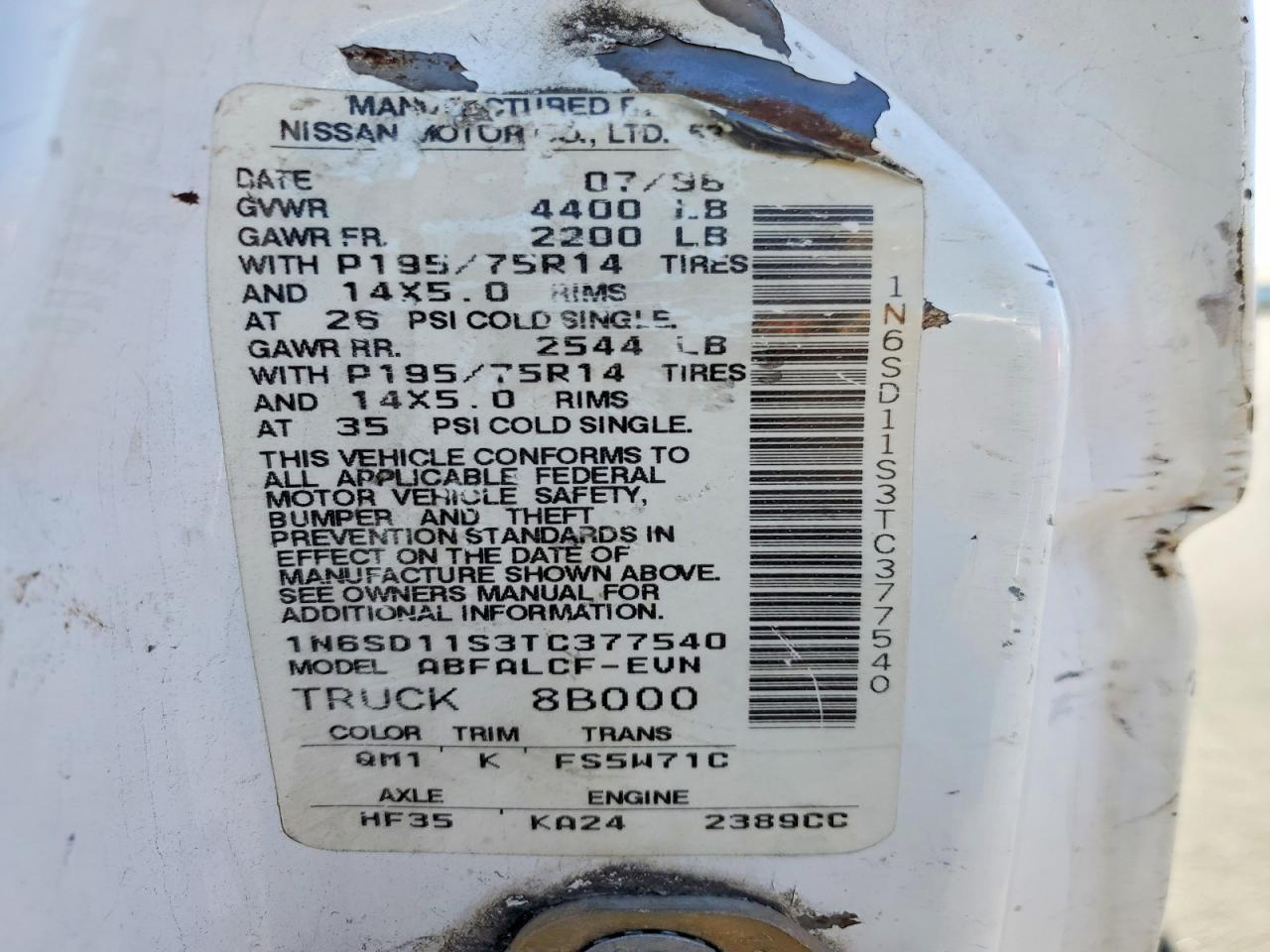 1996 Nissan Truck Base White vin: 1N6SD11S3TC377540