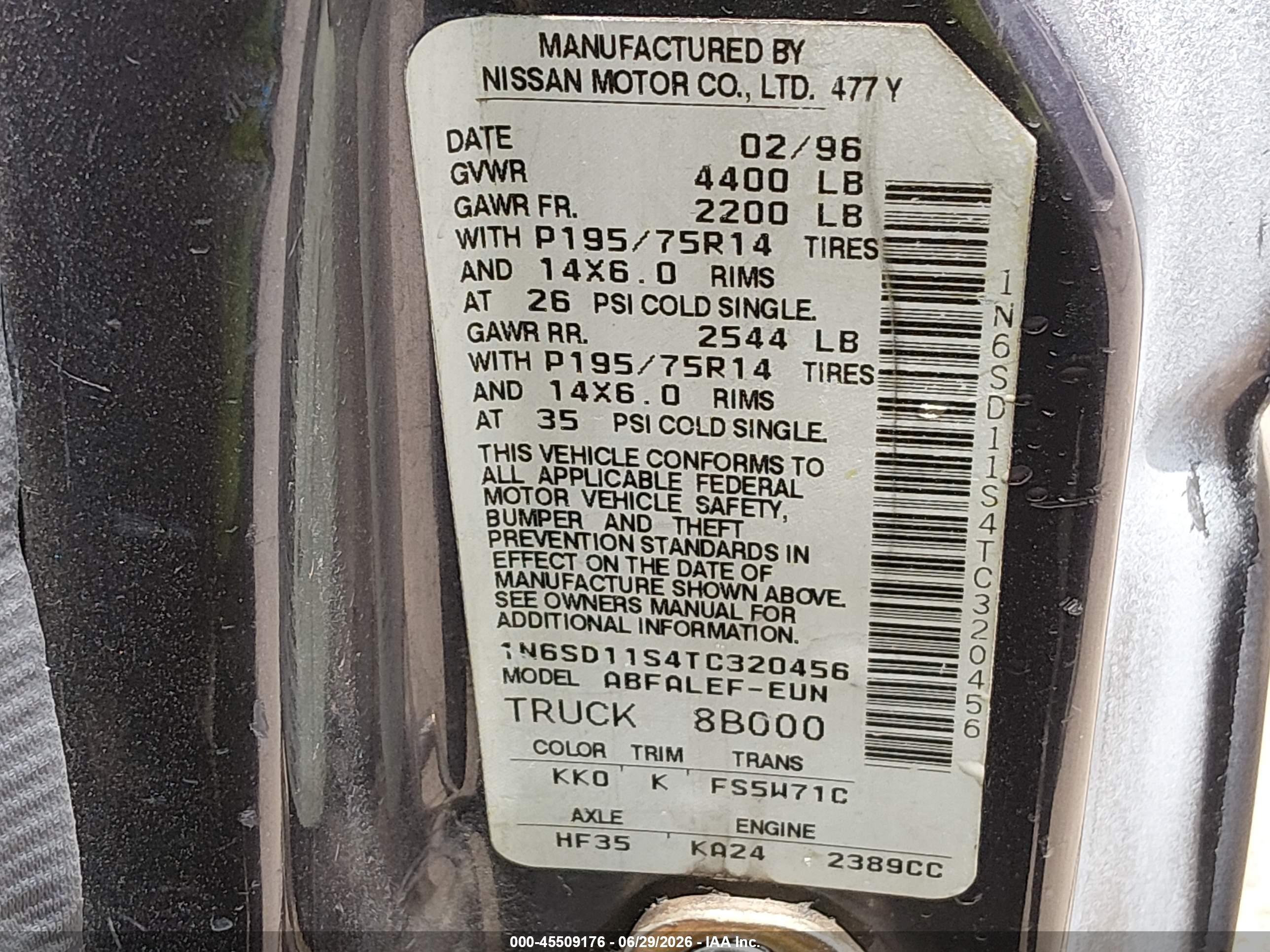 1996 Nissan Truck Xe Black vin: 1N6SD11S4TC320456