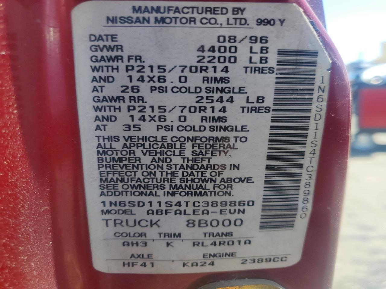 1996 Nissan Truck Base Red vin: 1N6SD11S4TC389860