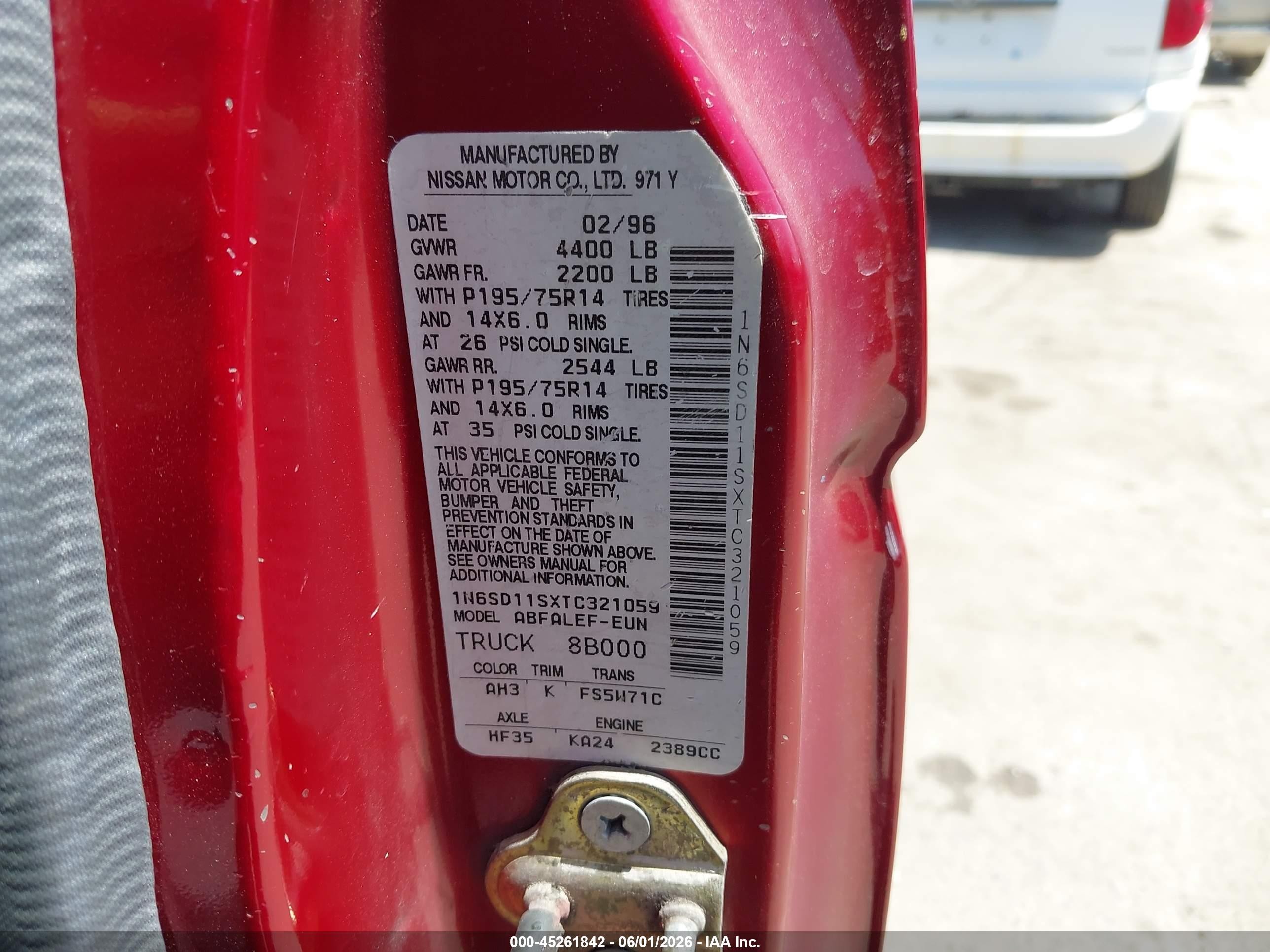 1996 Nissan Truck Xe Red vin: 1N6SD11SXTC321059