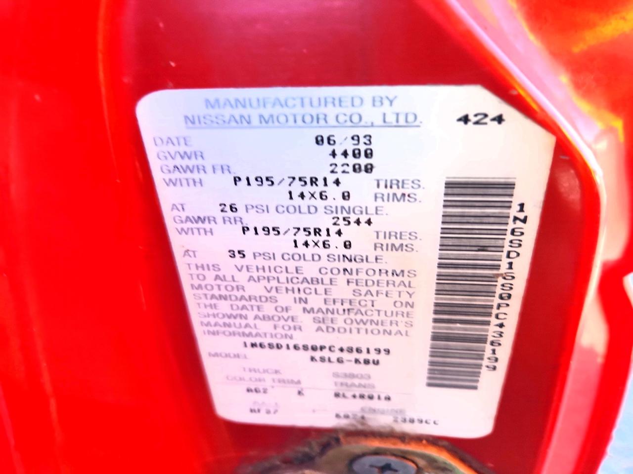1993 Nissan Truck King Cab Red vin: 1N6SD16S0PC436199