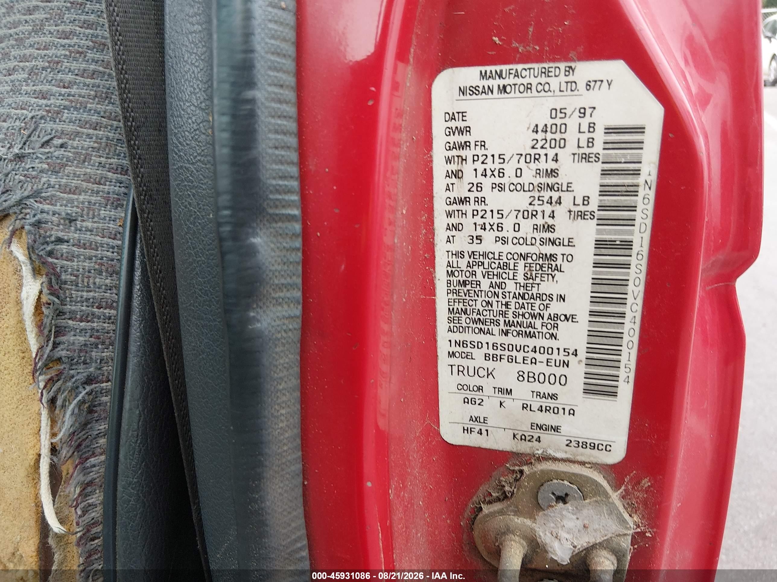 1997 Nissan 4x2 Truck Se/xe Red vin: 1N6SD16S0VC400154