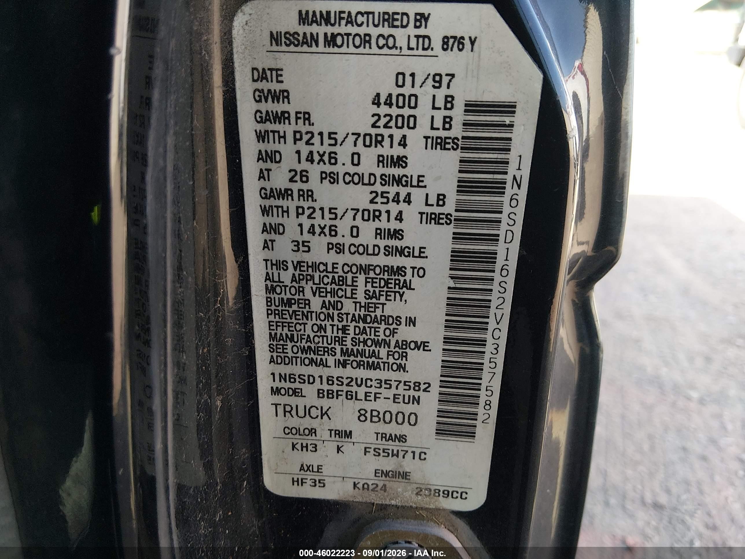 1997 Nissan 4x2 Truck Se/xe Black vin: 1N6SD16S2VC357582