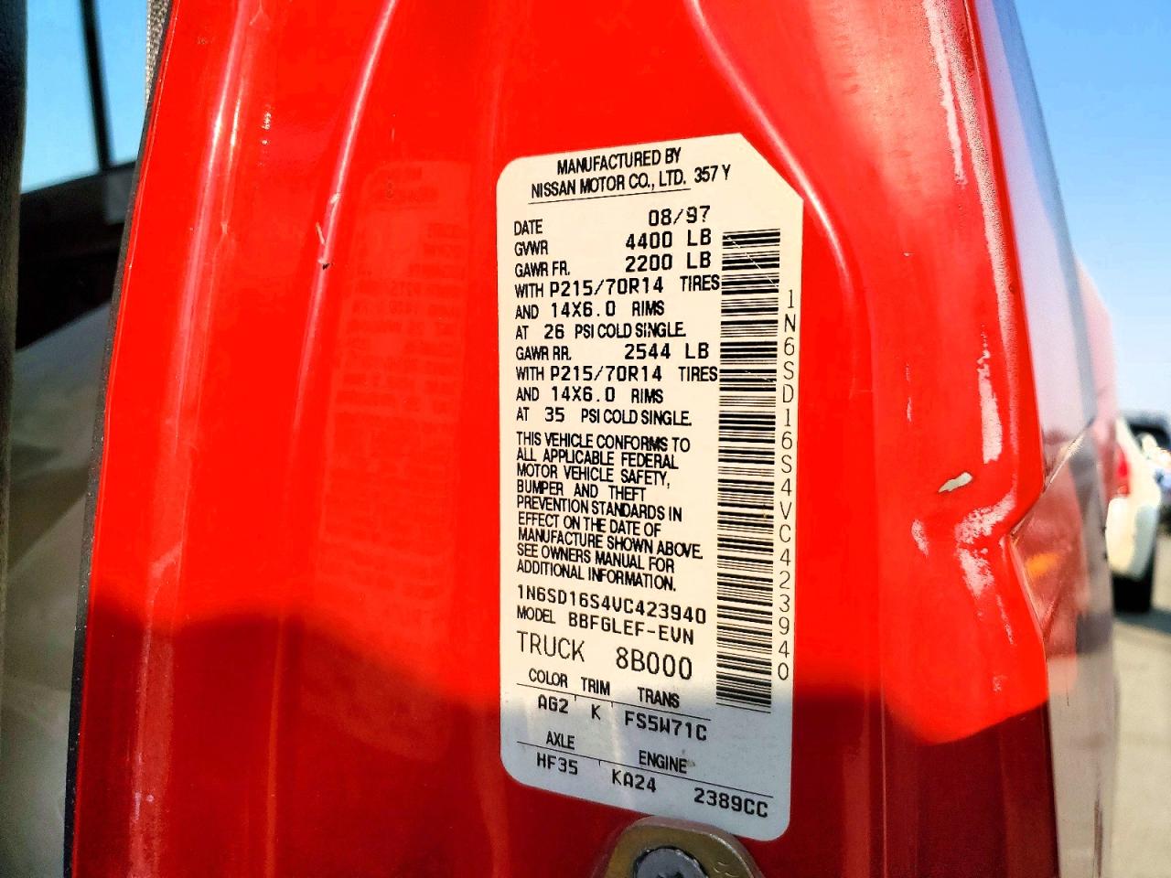 1997 Nissan Truck Xe Red vin: 1N6SD16S4VC423940