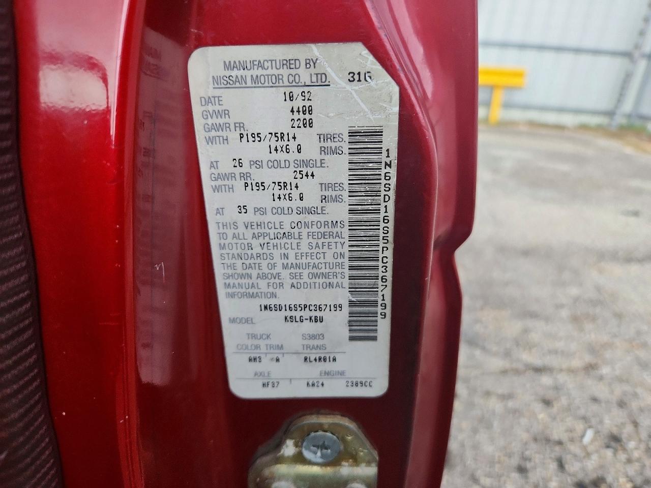 1993 Nissan Truck King Cab Red vin: 1N6SD16S5PC367199