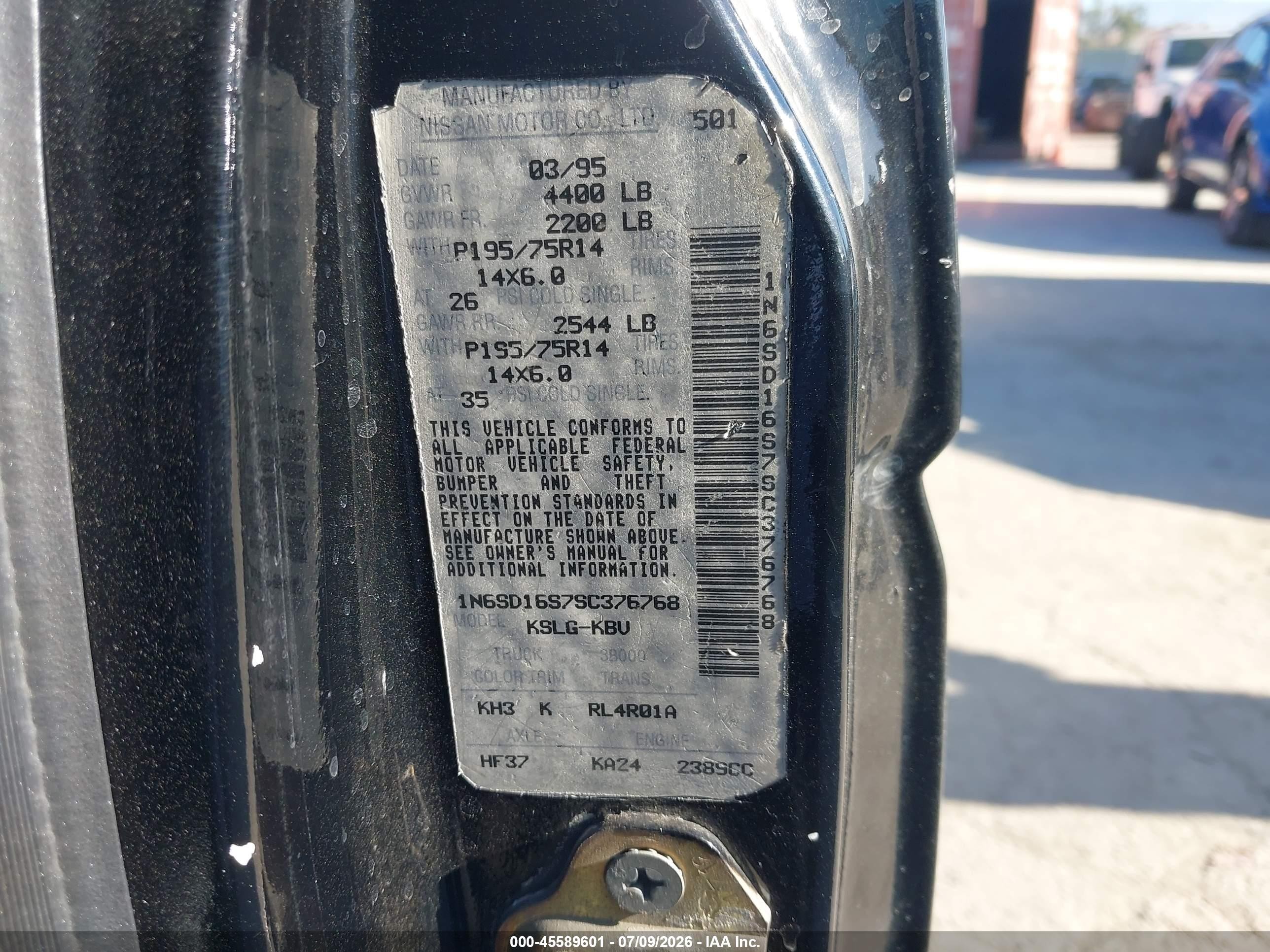 1995 Nissan Truck King Cab Xe Black vin: 1N6SD16S7SC376768