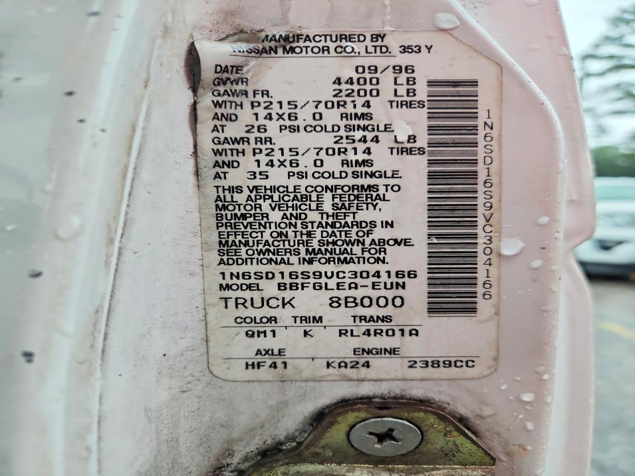 1997 Nissan Truck Xe White vin: 1N6SD16S9VC304166