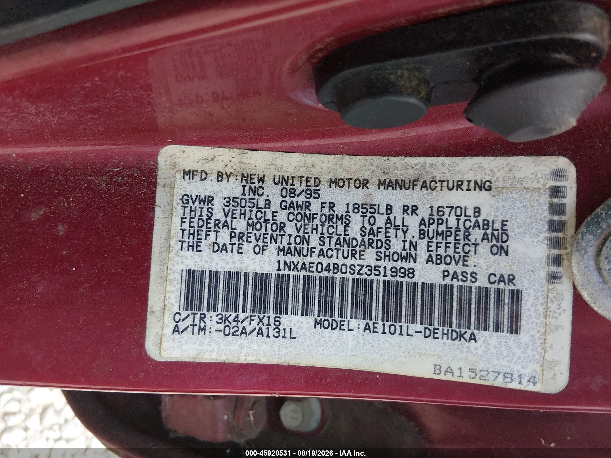 1995 Toyota Corolla   Red vin: 1NXAE04B0SZ351998